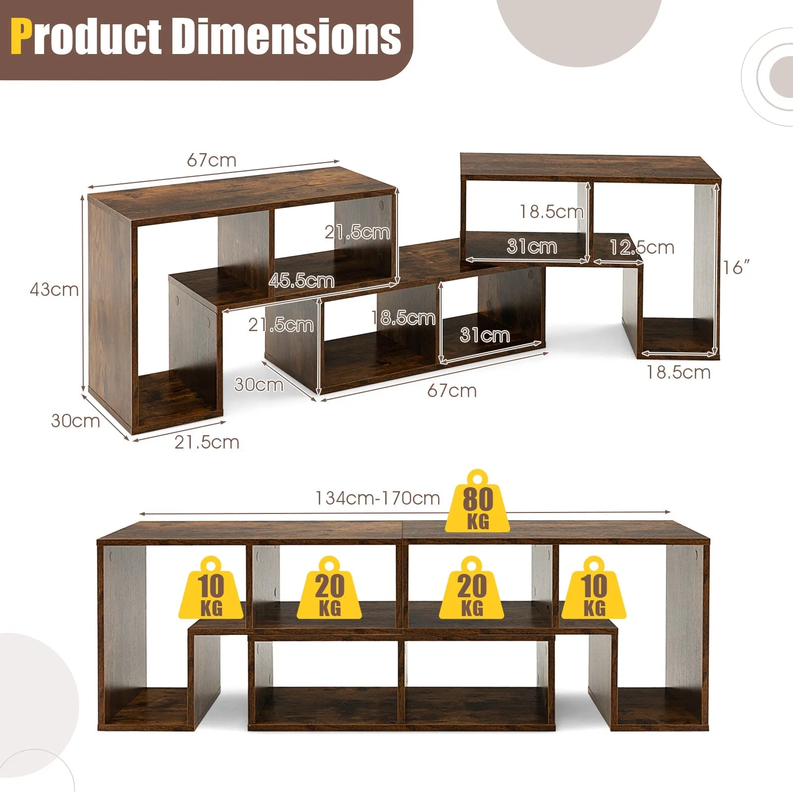 3 Pieces Convertible TV Stand for TVs up to 65 Inches-Rustic Brown