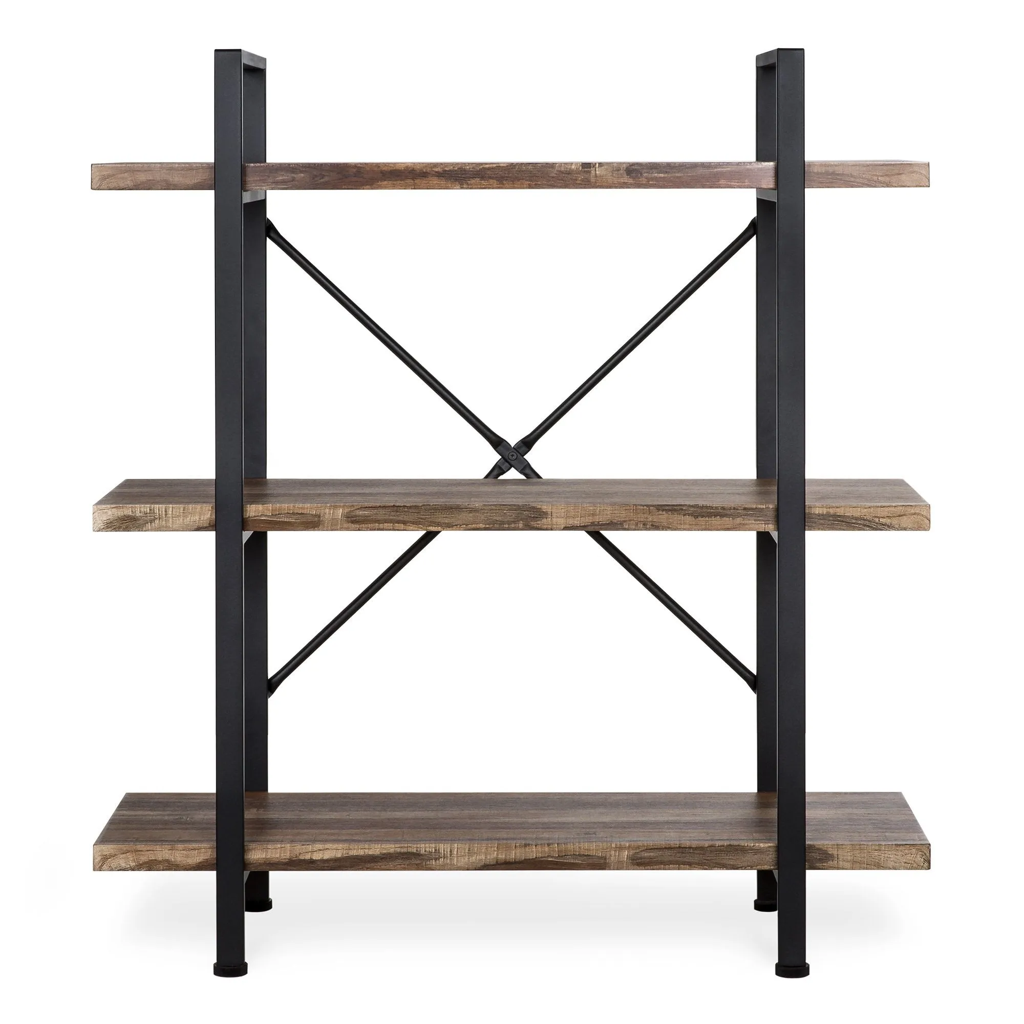 3-Shelf Industrial Open Bookshelf Furniture w/ Wood Shelves, Metal Frame