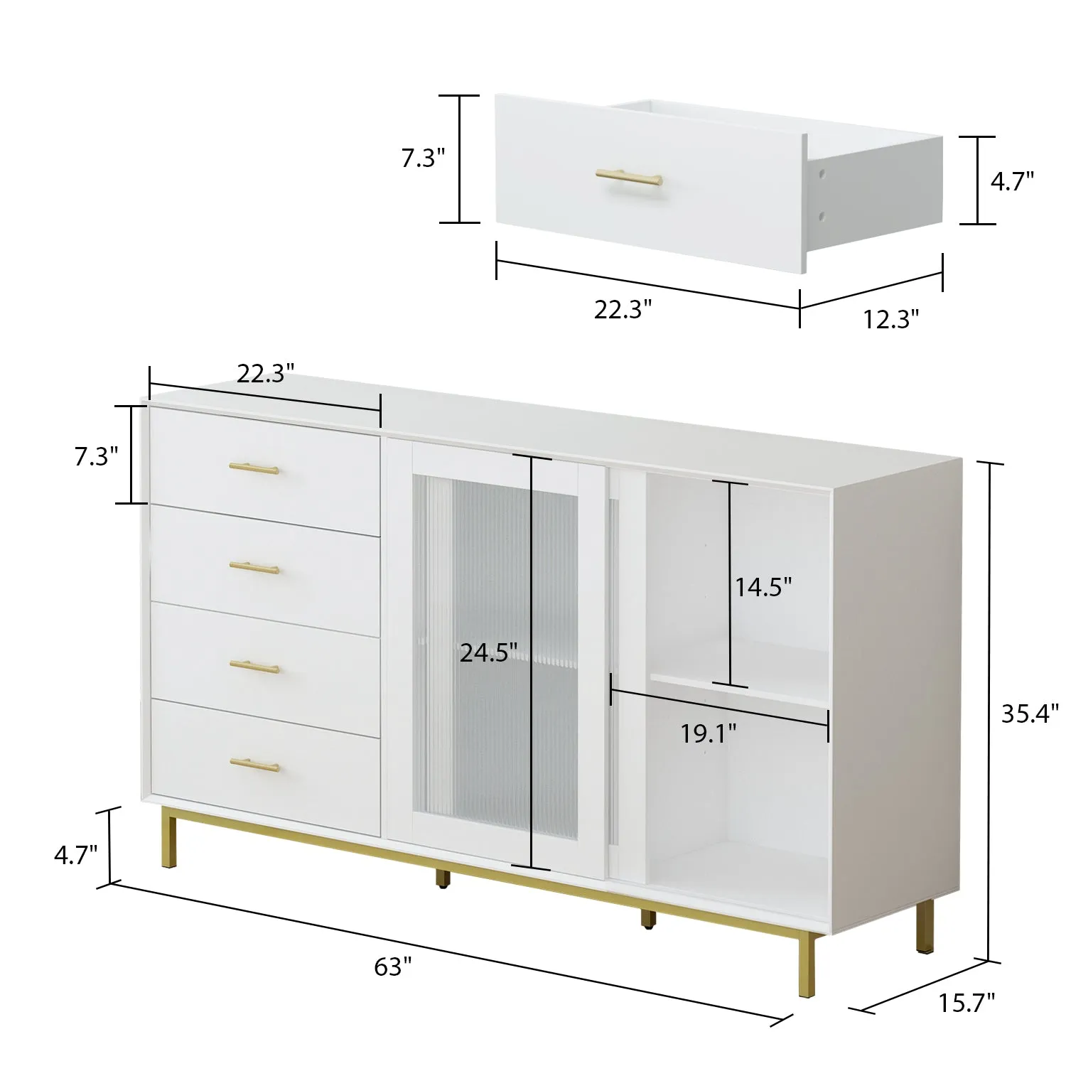 4-Drawer Sideboard Cabinet with 2 Sliding Glass Doors for Storage 63"W