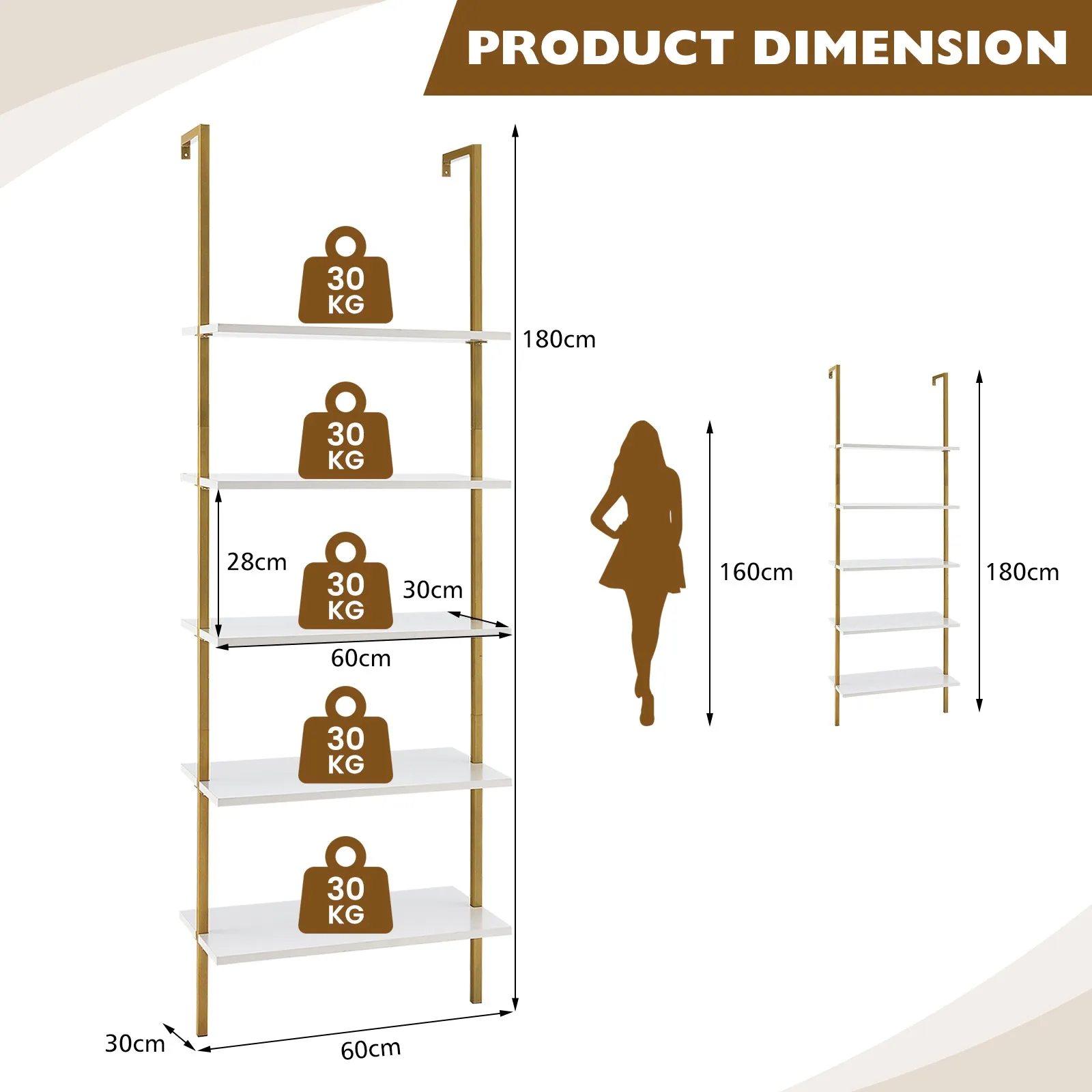 5 Tier Ladder Shelf with Steel Frame for Living Room Bedroom Office White &amp; Golden