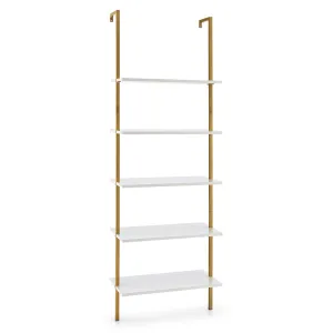 5 Tier Ladder Shelf with Steel Frame for Living Room Bedroom Office White &amp; Golden