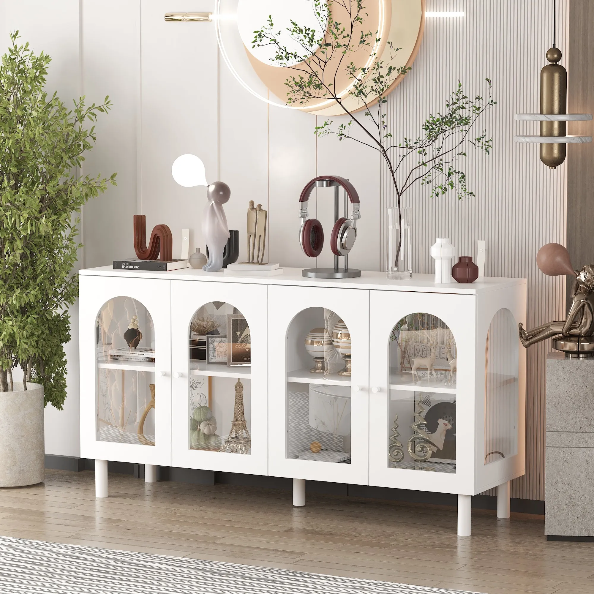 55.1" White Storage Cabinet with Glass Doors Buffet Lacquer Sideboard