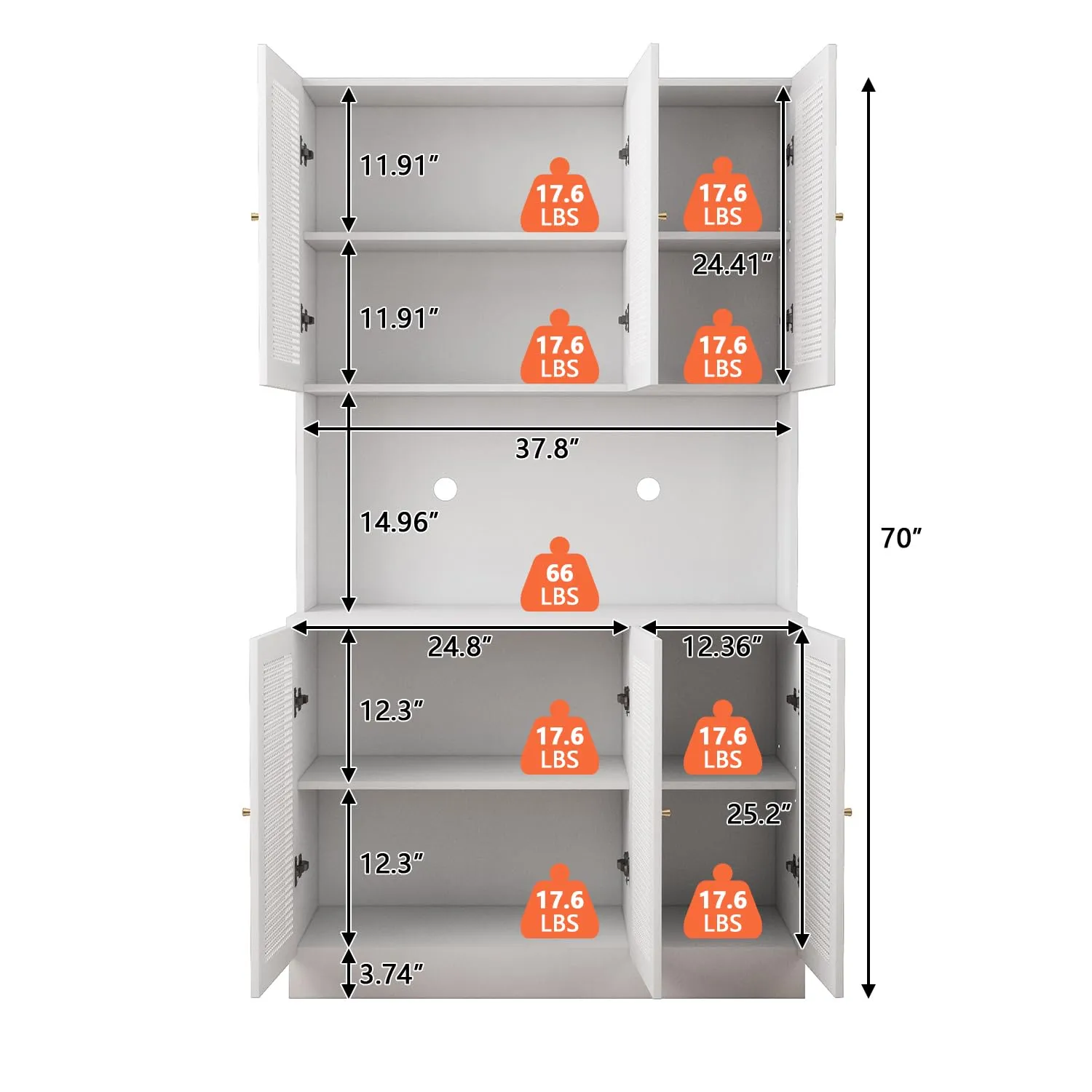 70"Tall Freestanding Metal Rattan Cabinet Kitchen Pantry Cabinet with 6 Doors