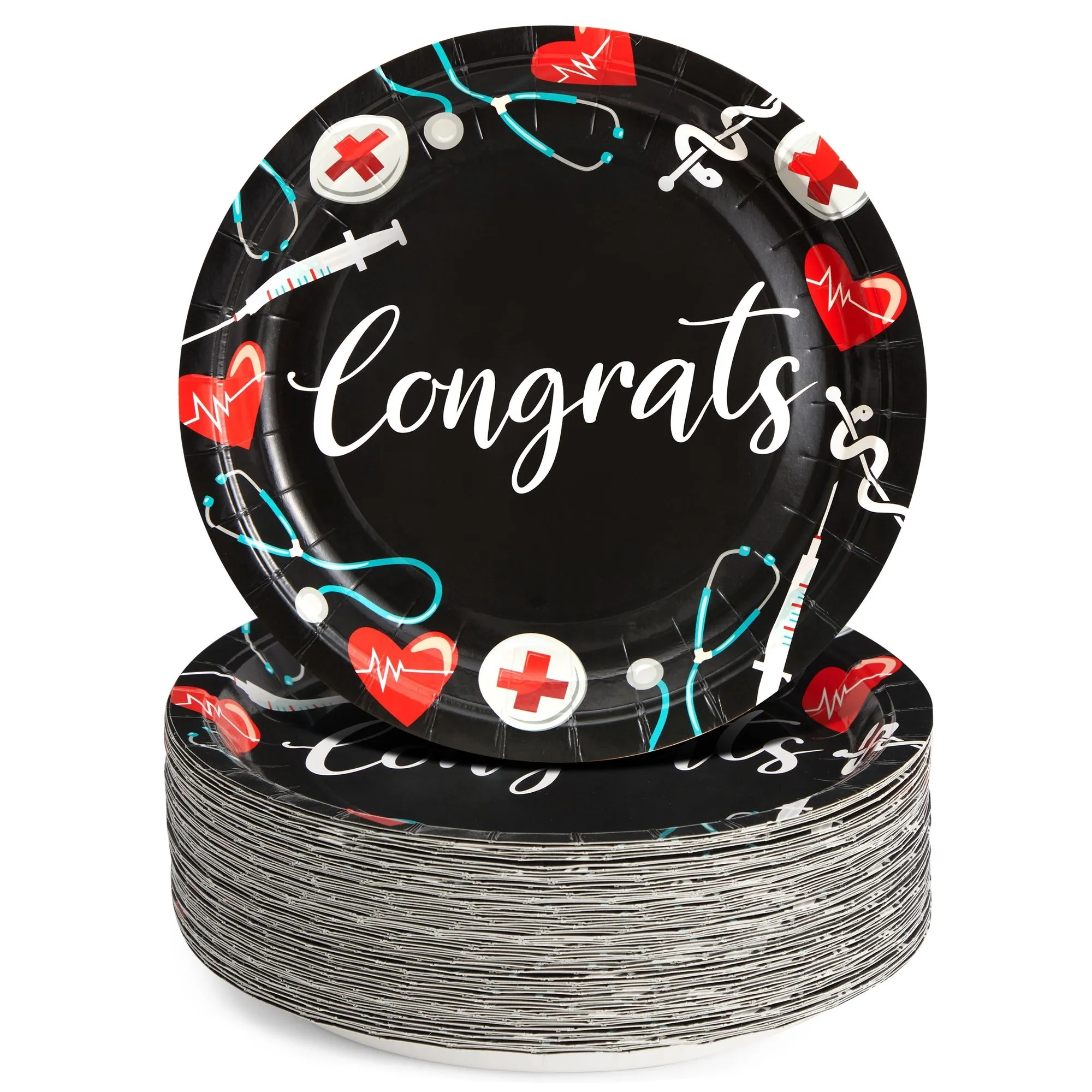 80 Pack Nurse Paper Plates for Nursing Graduation Party Supplies, Congrats and Medical Symbol Designs, for Student Nurses, Doctors, Medical Professionals (9-Inch Diameter)