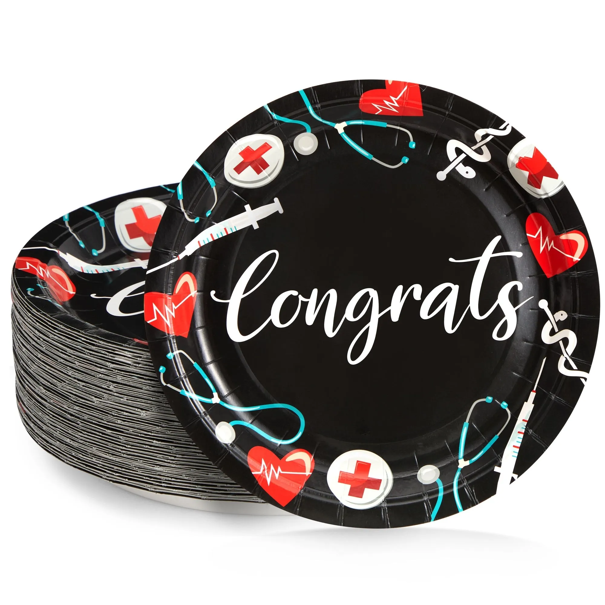 80 Pack Nurse Paper Plates for Nursing Graduation Party Supplies, Congrats and Medical Symbol Designs, for Student Nurses, Doctors, Medical Professionals (9-Inch Diameter)