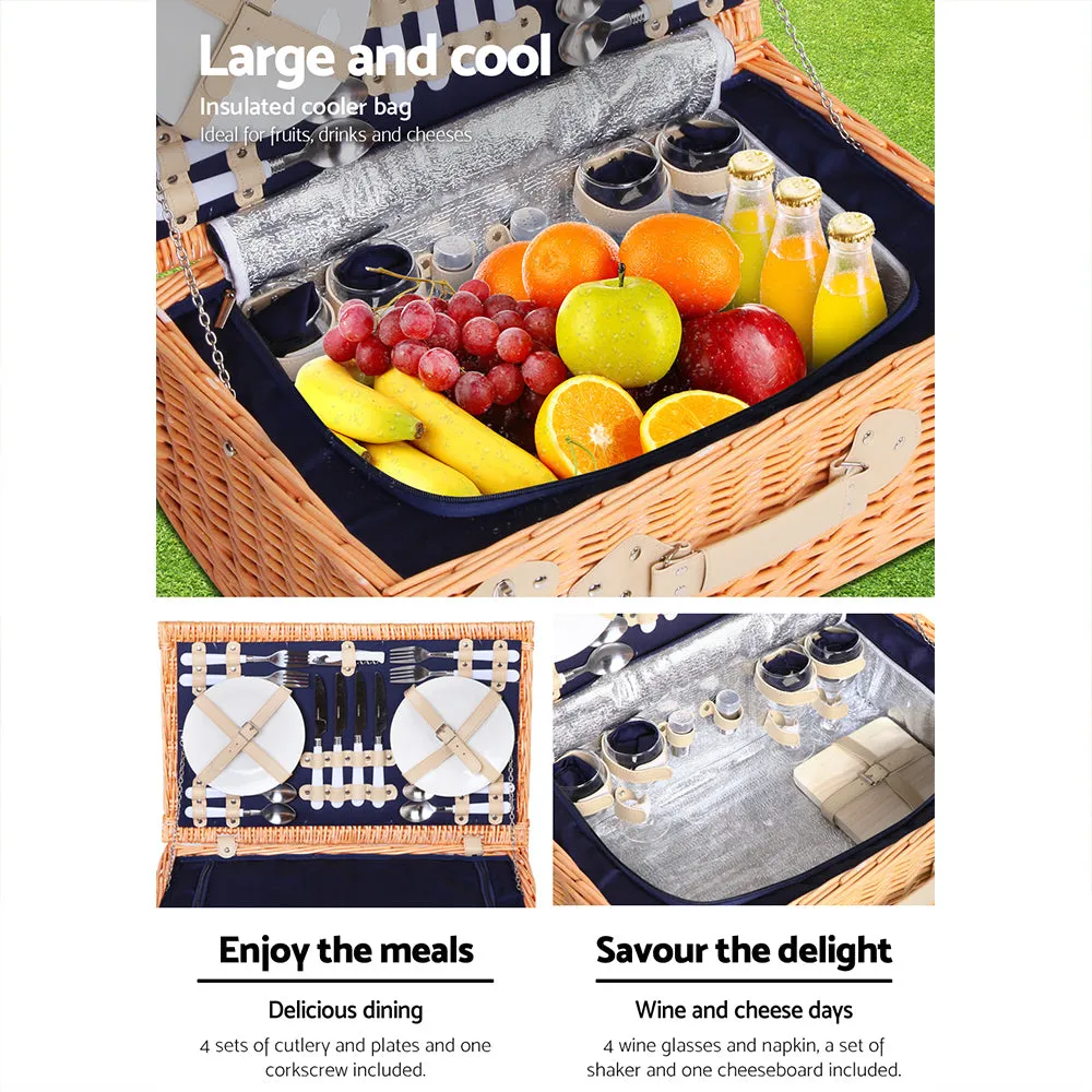 Alfresco 4 Person Picnic Basket Wicker Set Baskets Outdoor Insulated Blanket Navy