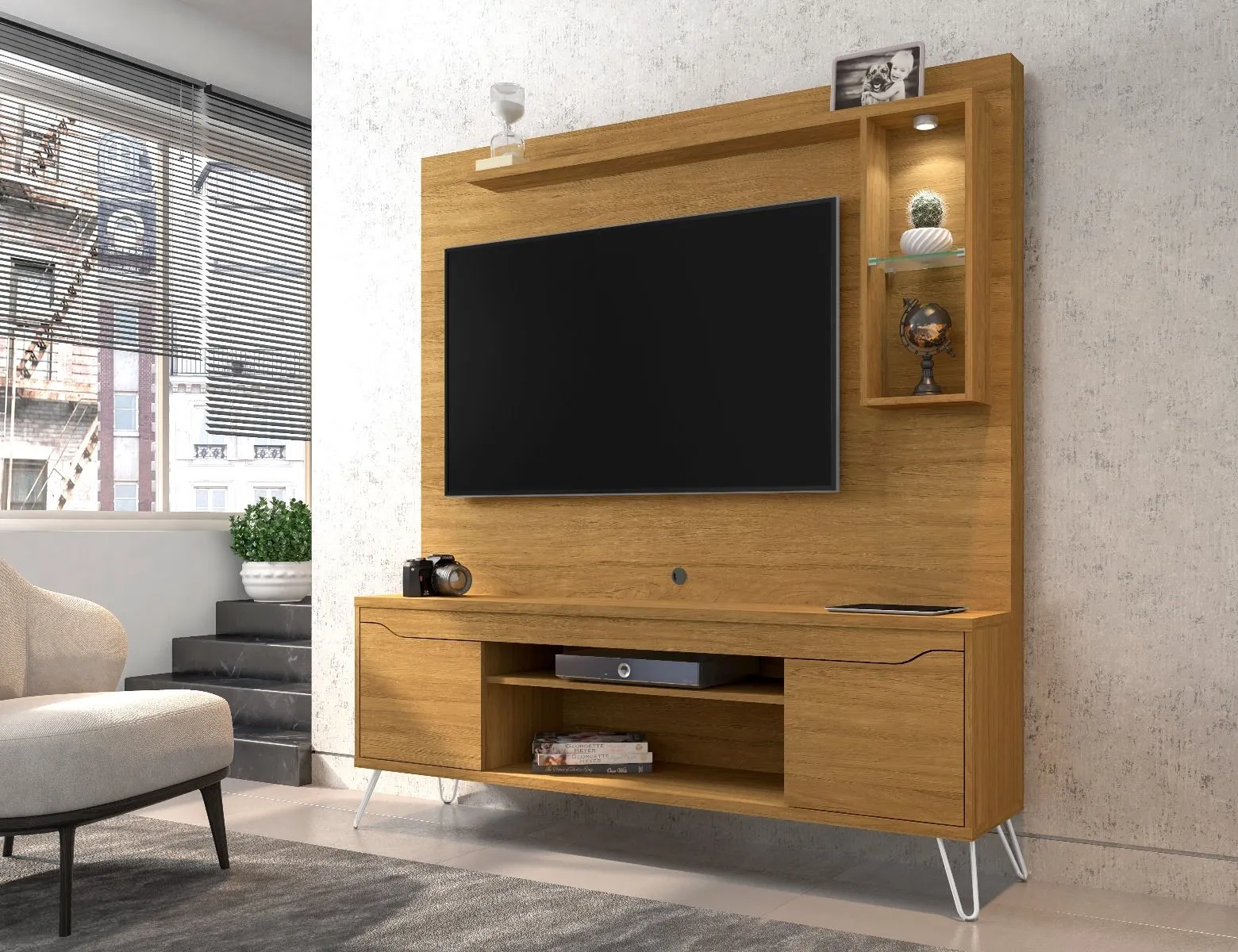 Baxter 62.99 Freestanding Mid-Century Modern Entertainment Center with LED Lights and Décor Shelves in Cinnamon