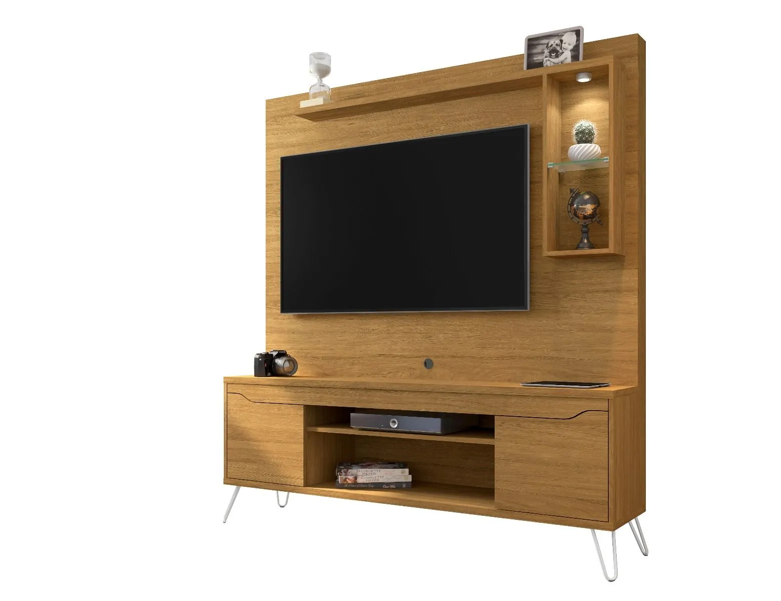 Baxter 62.99 Freestanding Mid-Century Modern Entertainment Center with LED Lights and Décor Shelves in Cinnamon