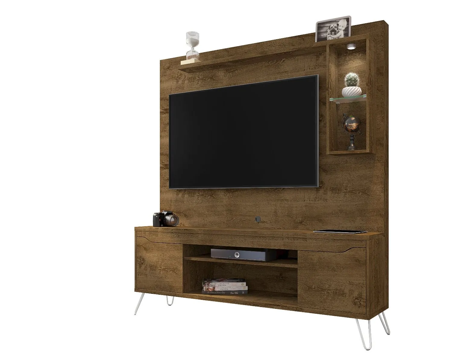 Baxter 62.99 Freestanding Mid-Century Modern Entertainment Center with LED Lights and Décor Shelves in Rustic Brown