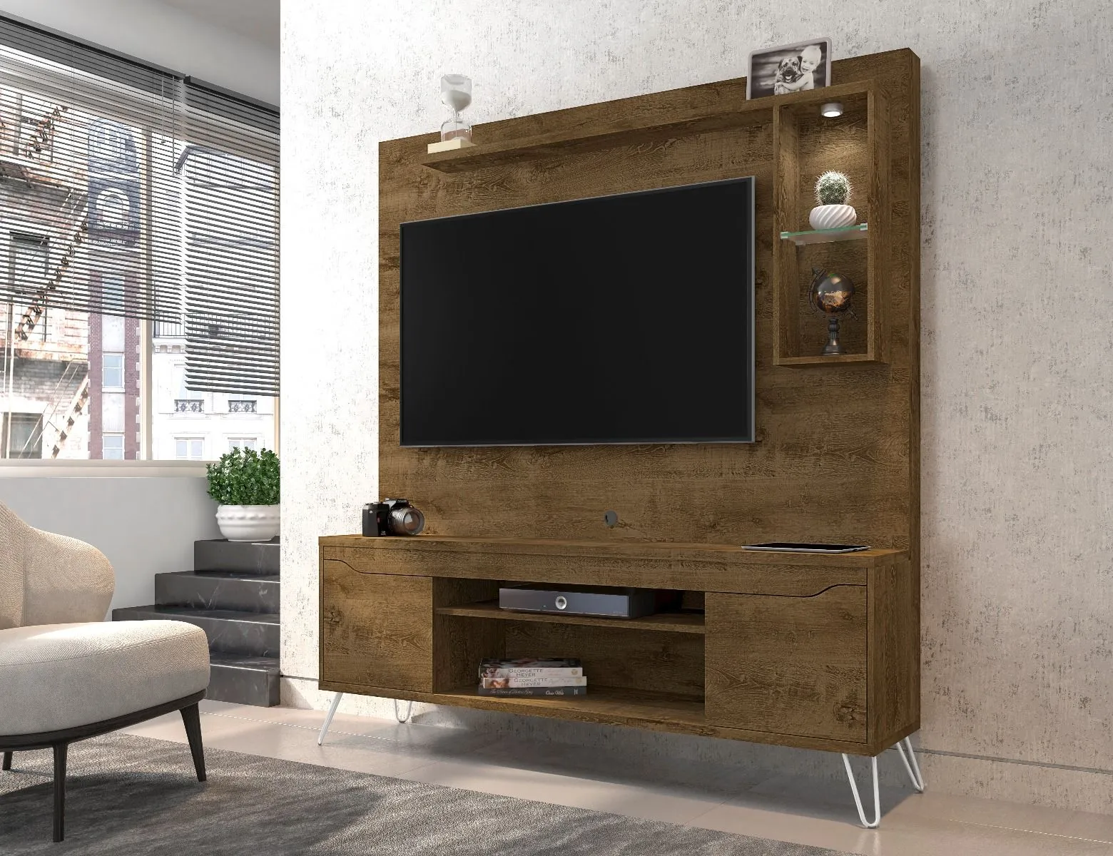 Baxter 62.99 Freestanding Mid-Century Modern Entertainment Center with LED Lights and Décor Shelves in Rustic Brown