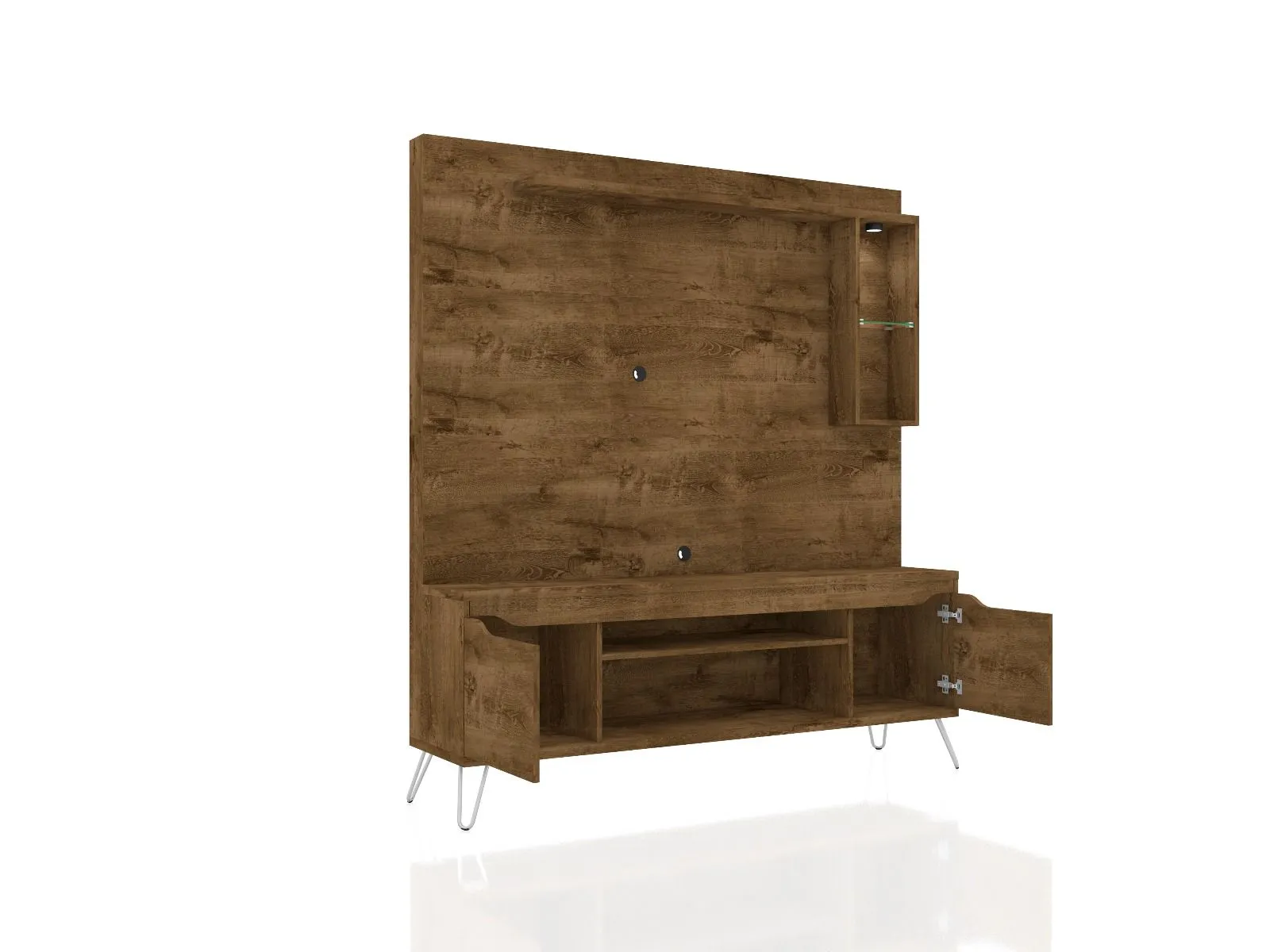 Baxter 62.99 Freestanding Mid-Century Modern Entertainment Center with LED Lights and Décor Shelves in Rustic Brown