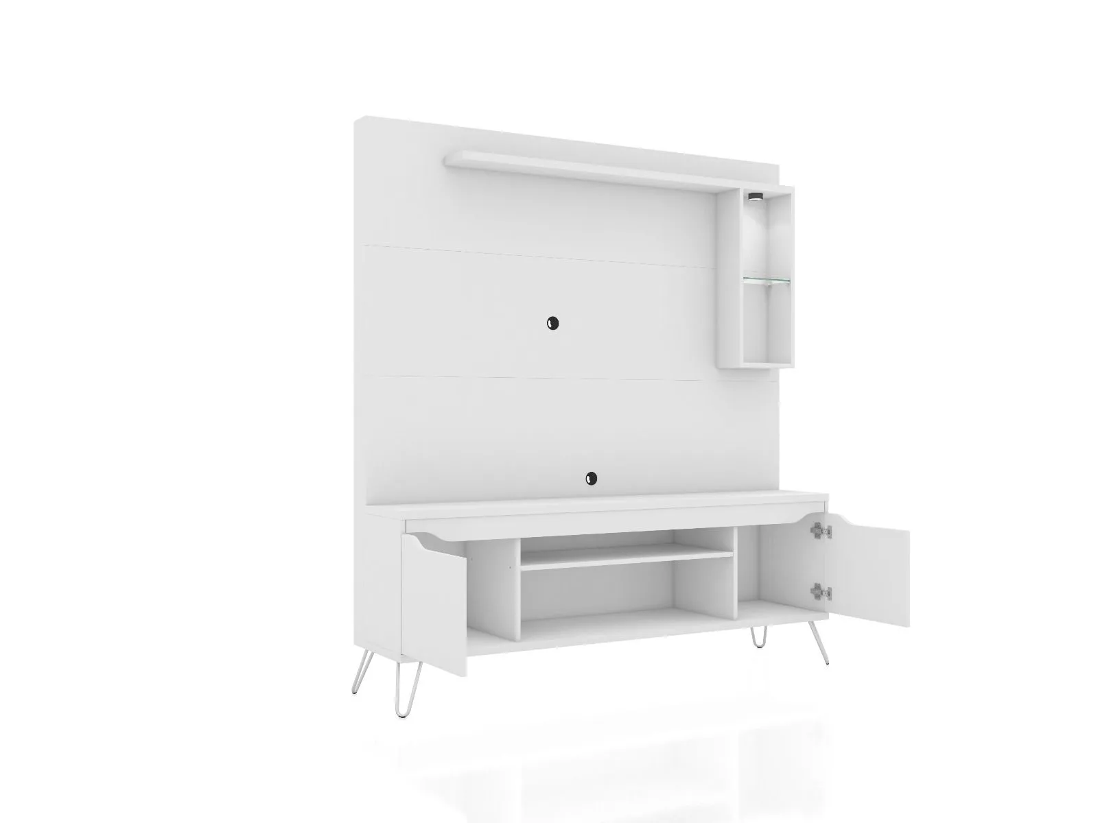 Baxter 62.99 Freestanding Mid-Century Modern Entertainment Center with LED Lights and Décor Shelves in White