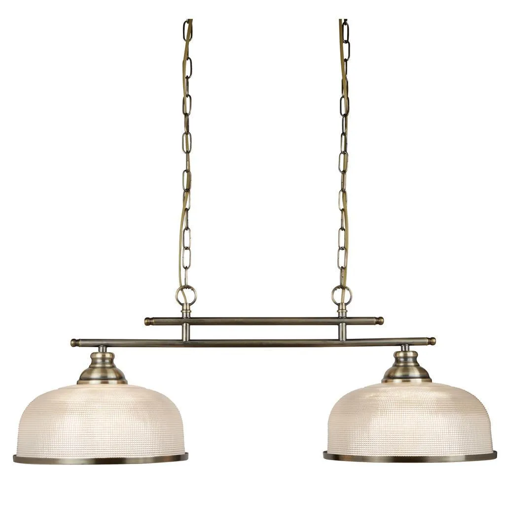 Bistro II 2 Light Brushed Brass Bar Pendant - Holophane Glass Shades