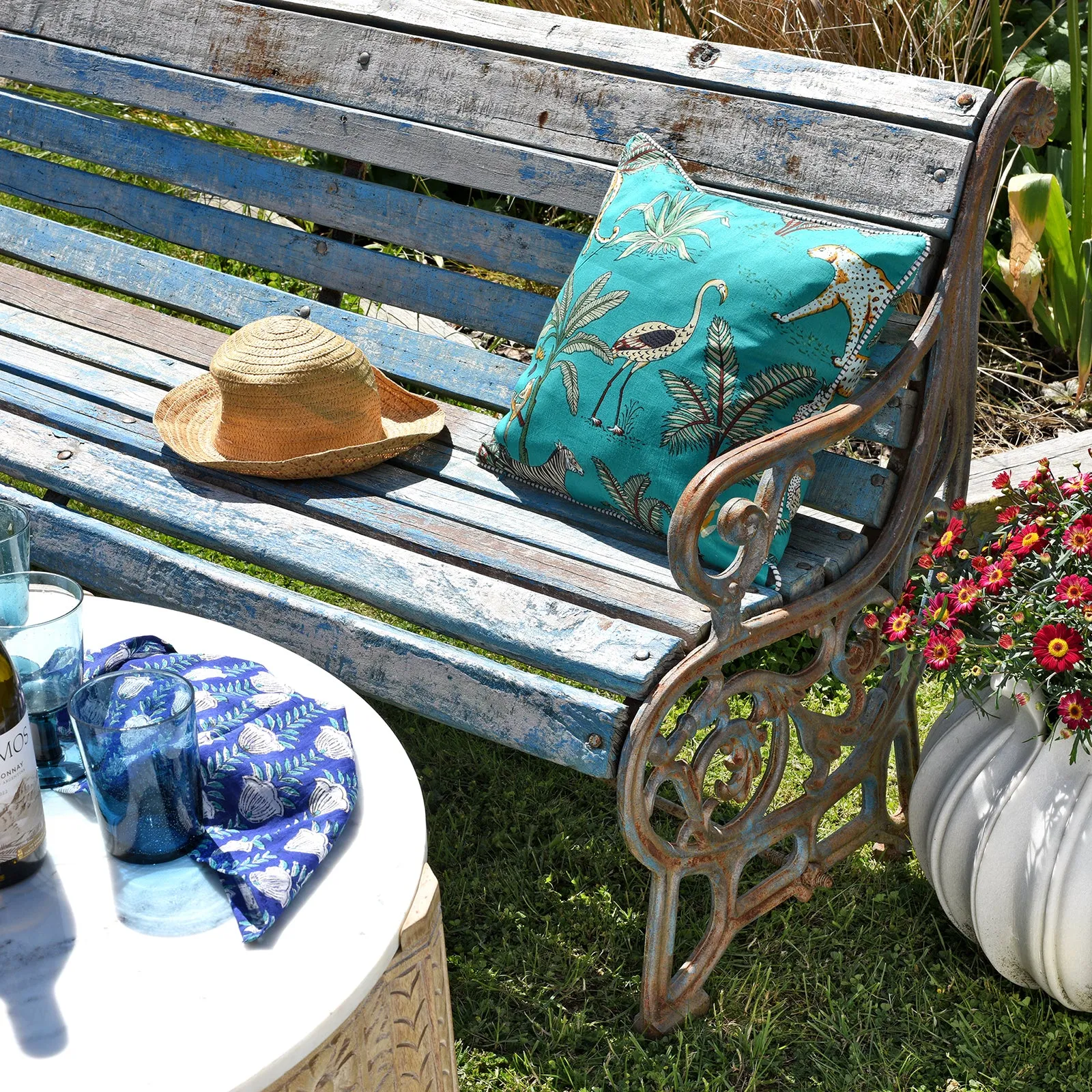 Blue Cast Iron Garden Bench - Ca 1920