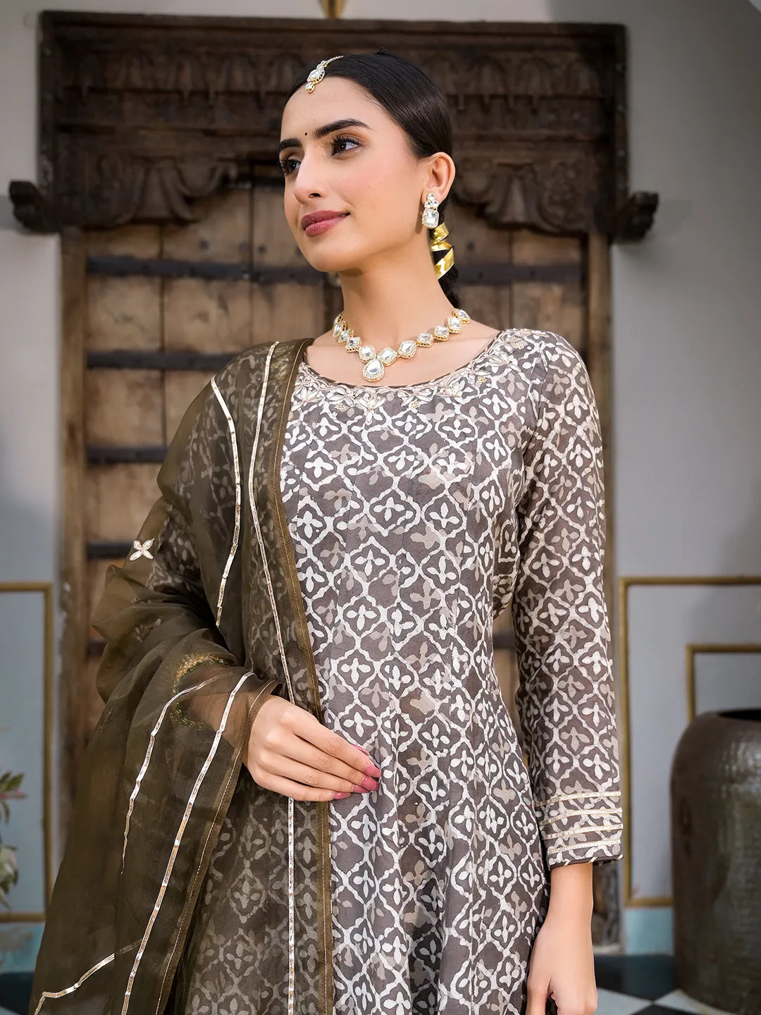 Brown Asymmetric Print Muslin Anarkali Kurta Pant With Dupatta Set