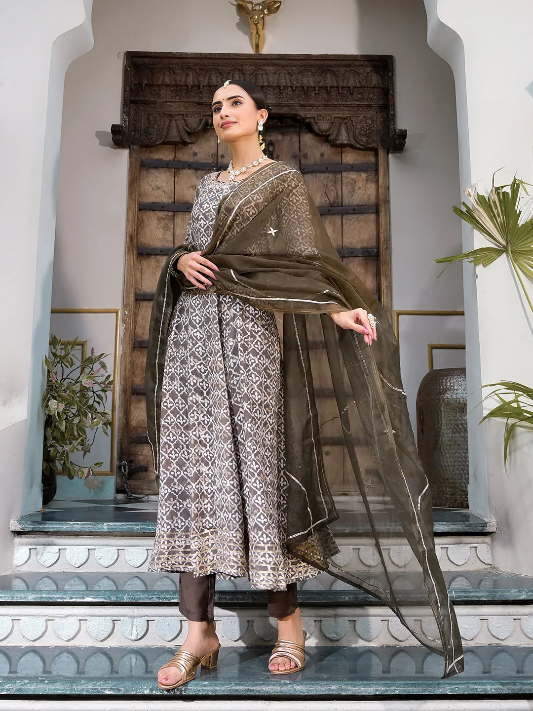 Brown Asymmetric Print Muslin Anarkali Kurta Pant With Dupatta Set