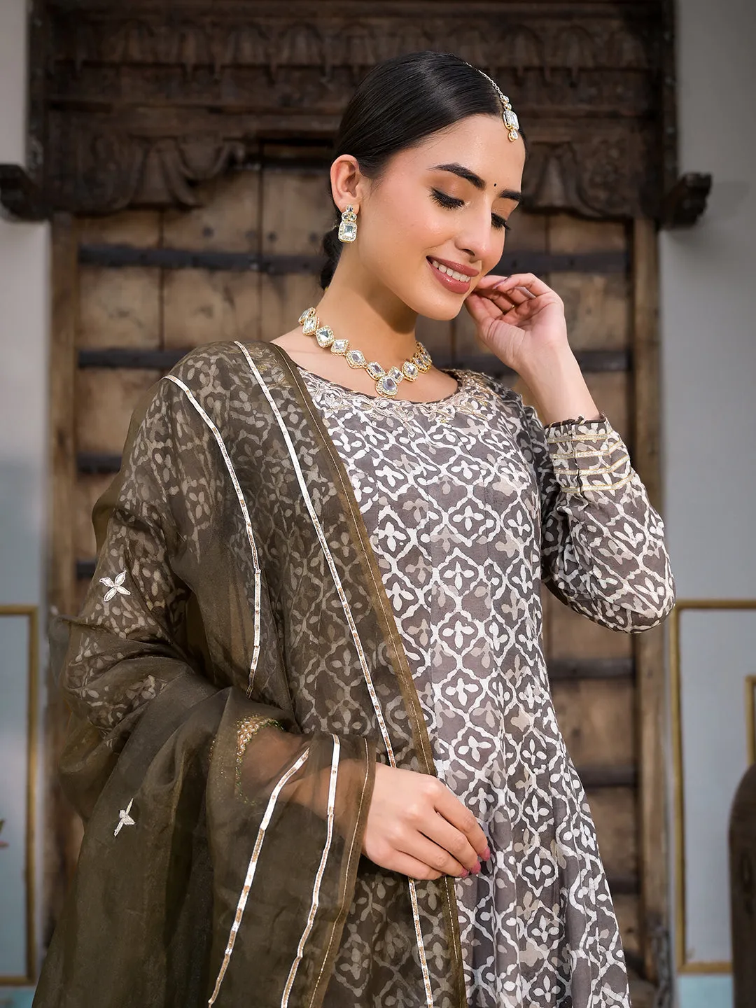 Brown Asymmetric Print Muslin Anarkali Kurta Pant With Dupatta Set