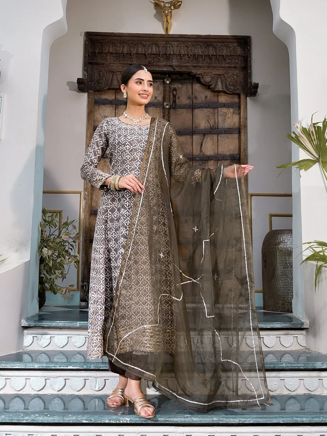 Brown Asymmetric Print Muslin Anarkali Kurta Pant With Dupatta Set