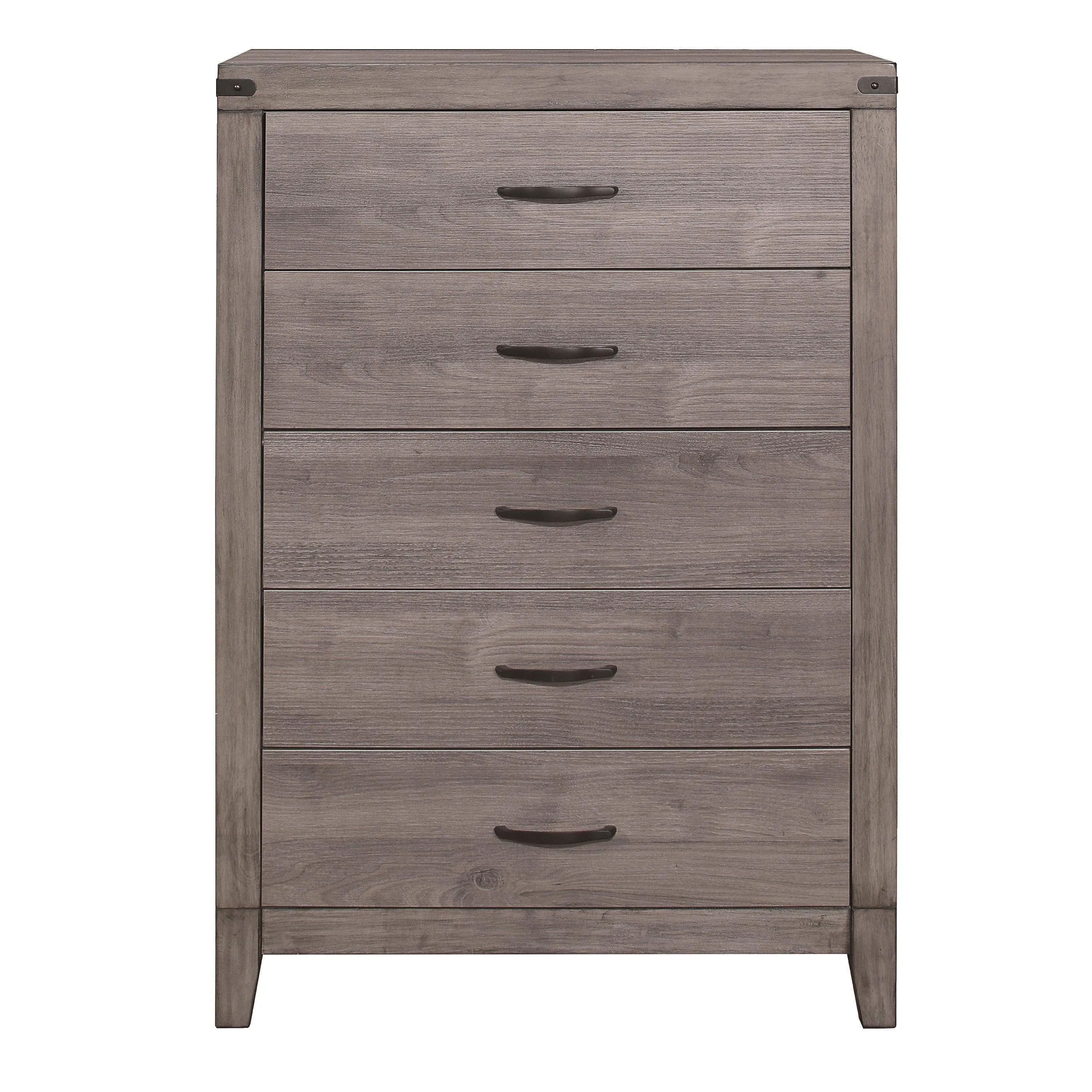 Brownish Gray Finish 1pc Bedroom Chest of 5 Drawers Melamine Laminate Dark Metal Hardware Corner Rivets