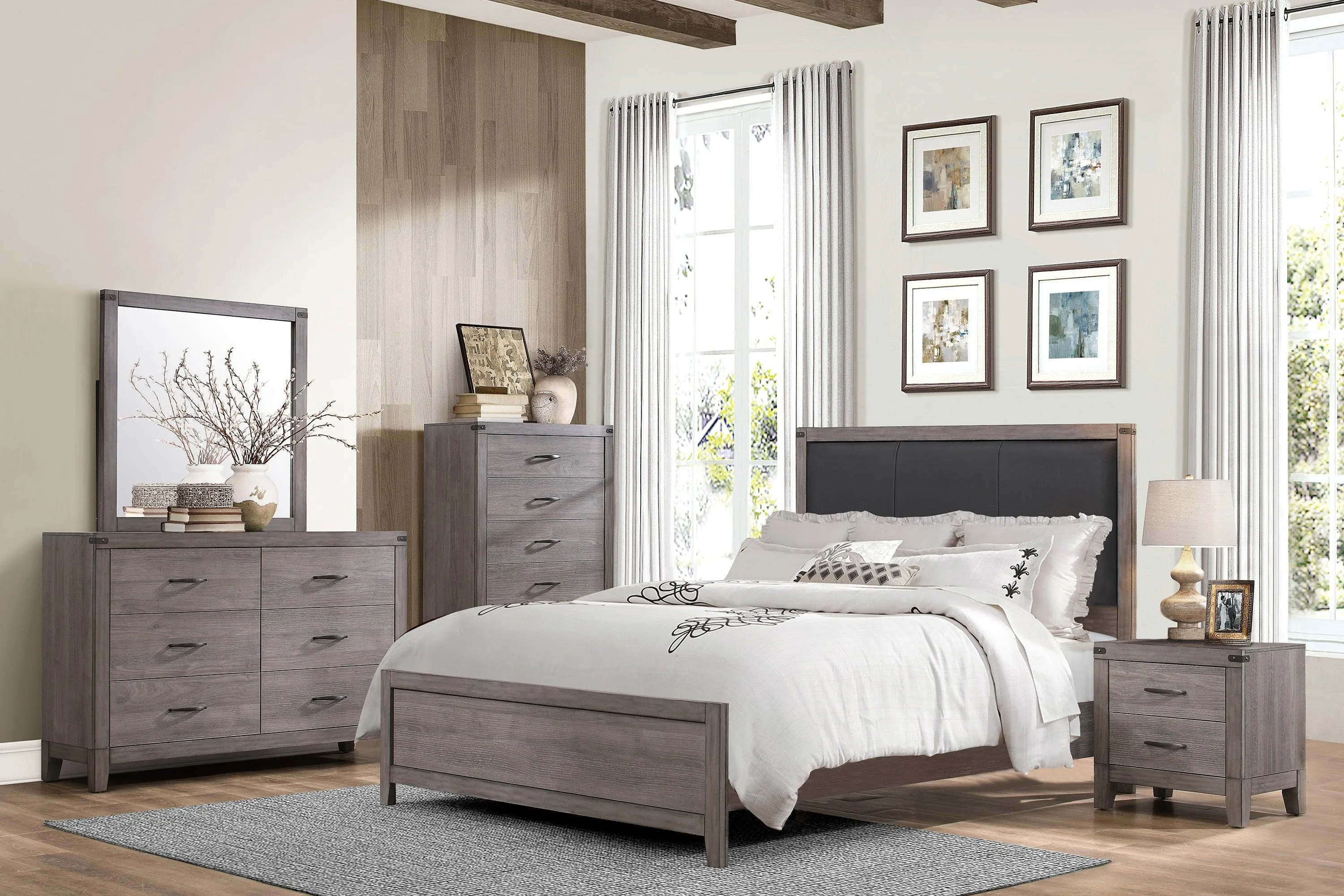 Brownish Gray Finish 1pc Bedroom Chest of 5 Drawers Melamine Laminate Dark Metal Hardware Corner Rivets