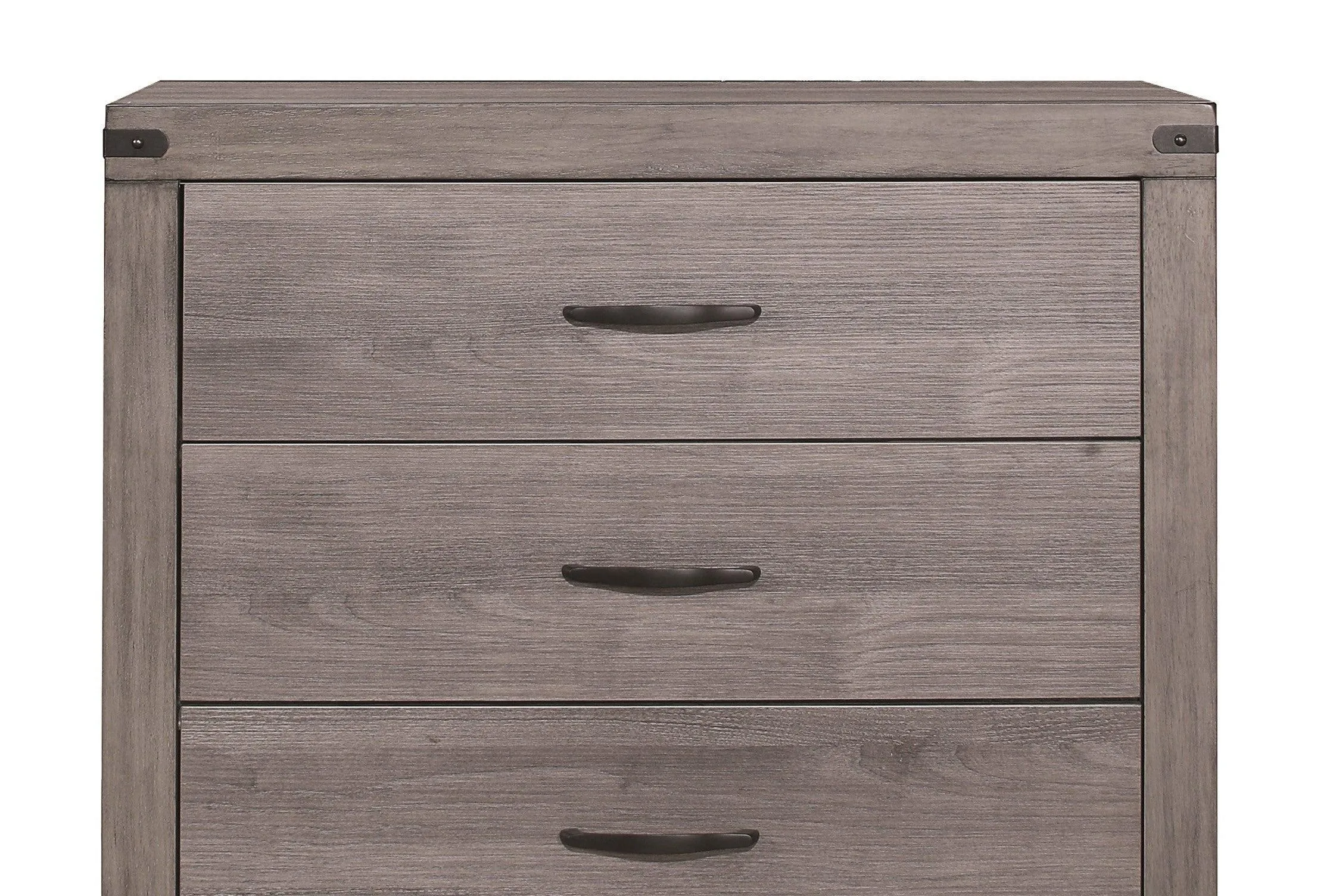 Brownish Gray Finish 1pc Bedroom Chest of 5 Drawers Melamine Laminate Dark Metal Hardware Corner Rivets