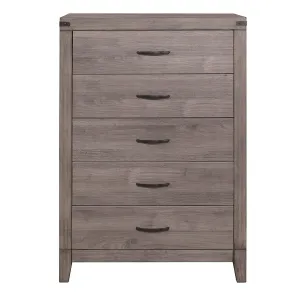 Brownish Gray Finish 1pc Bedroom Chest of 5 Drawers Melamine Laminate Dark Metal Hardware Corner Rivets