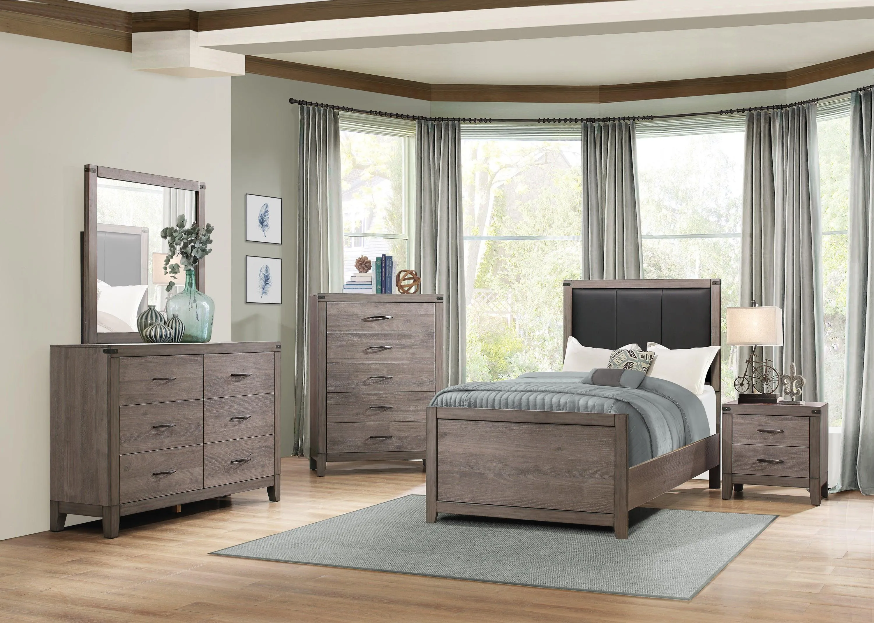 Brownish Gray Finish 1pc Bedroom Chest of 5 Drawers Melamine Laminate Dark Metal Hardware Corner Rivets