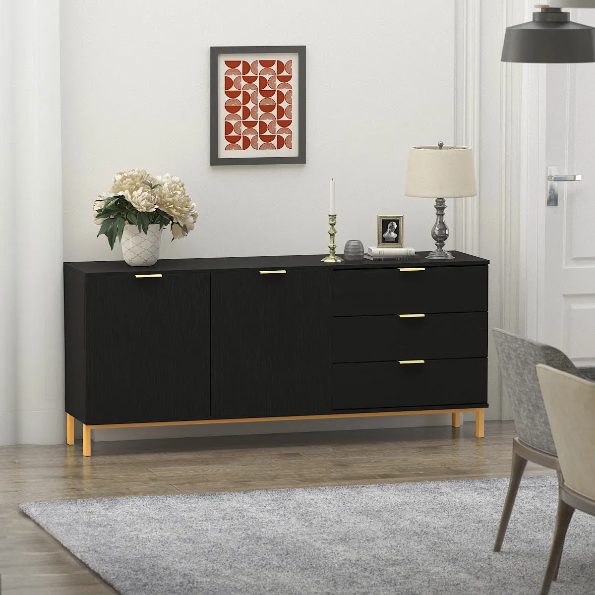 Buffet Bar 3 Drawers & 2 Doors Sideboard Storage Buffet Cabinet Credenza Coffee Bar