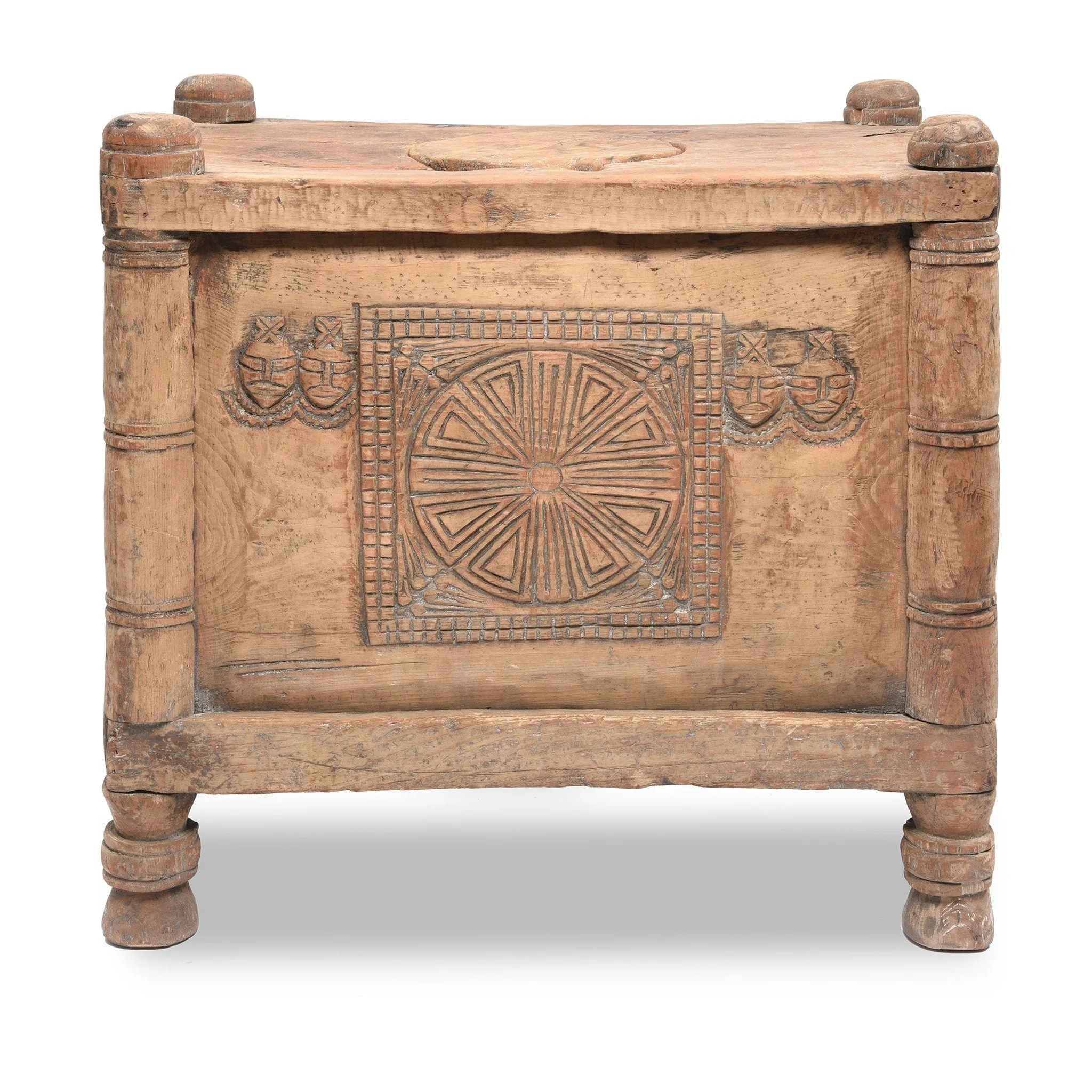 Carved Tribal Cedar Storage Chest From The Kulu Valley - 19thC