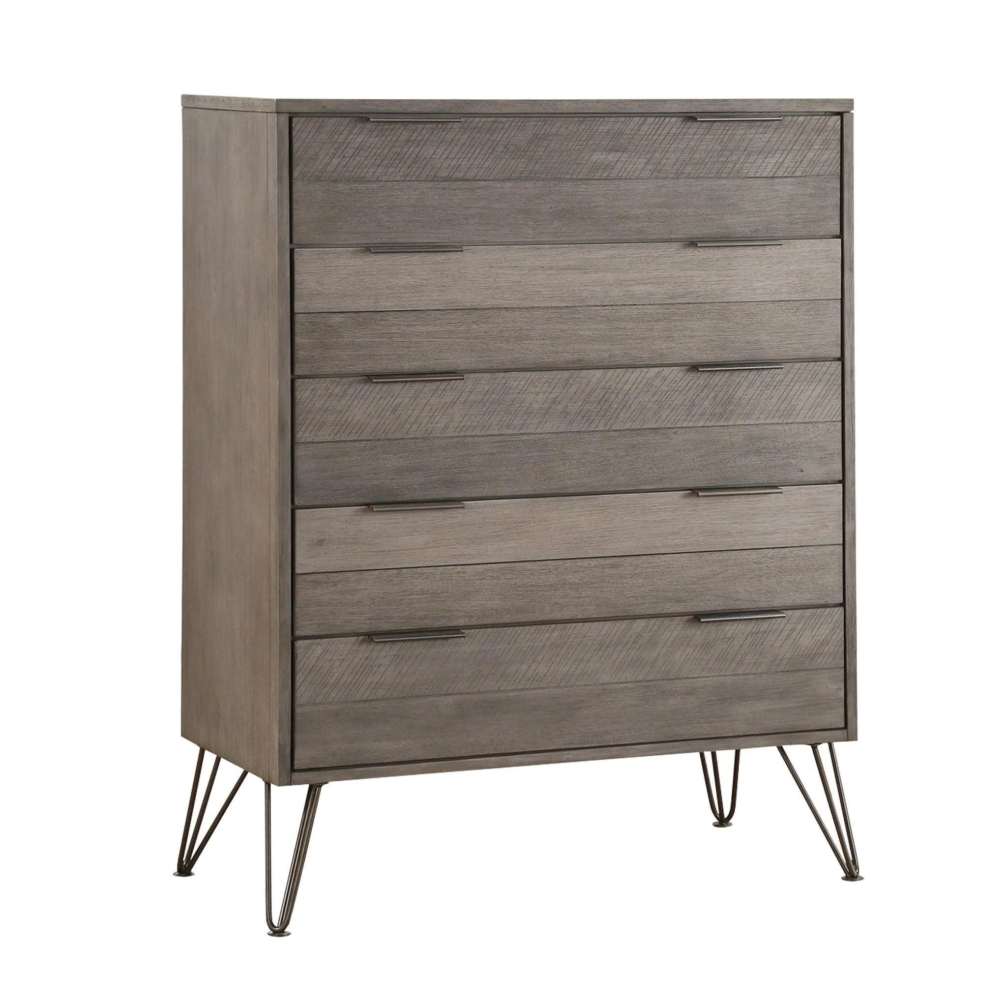 Contemporary Three-Tone Gray Chest of Drawers with Metal Legs and Acacia Veneer