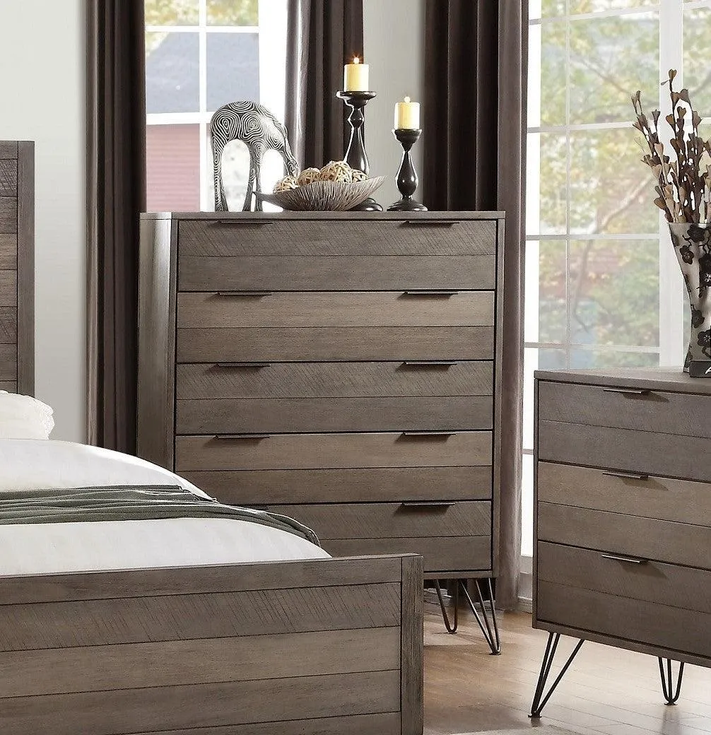 Contemporary Three-Tone Gray Chest of Drawers with Metal Legs and Acacia Veneer