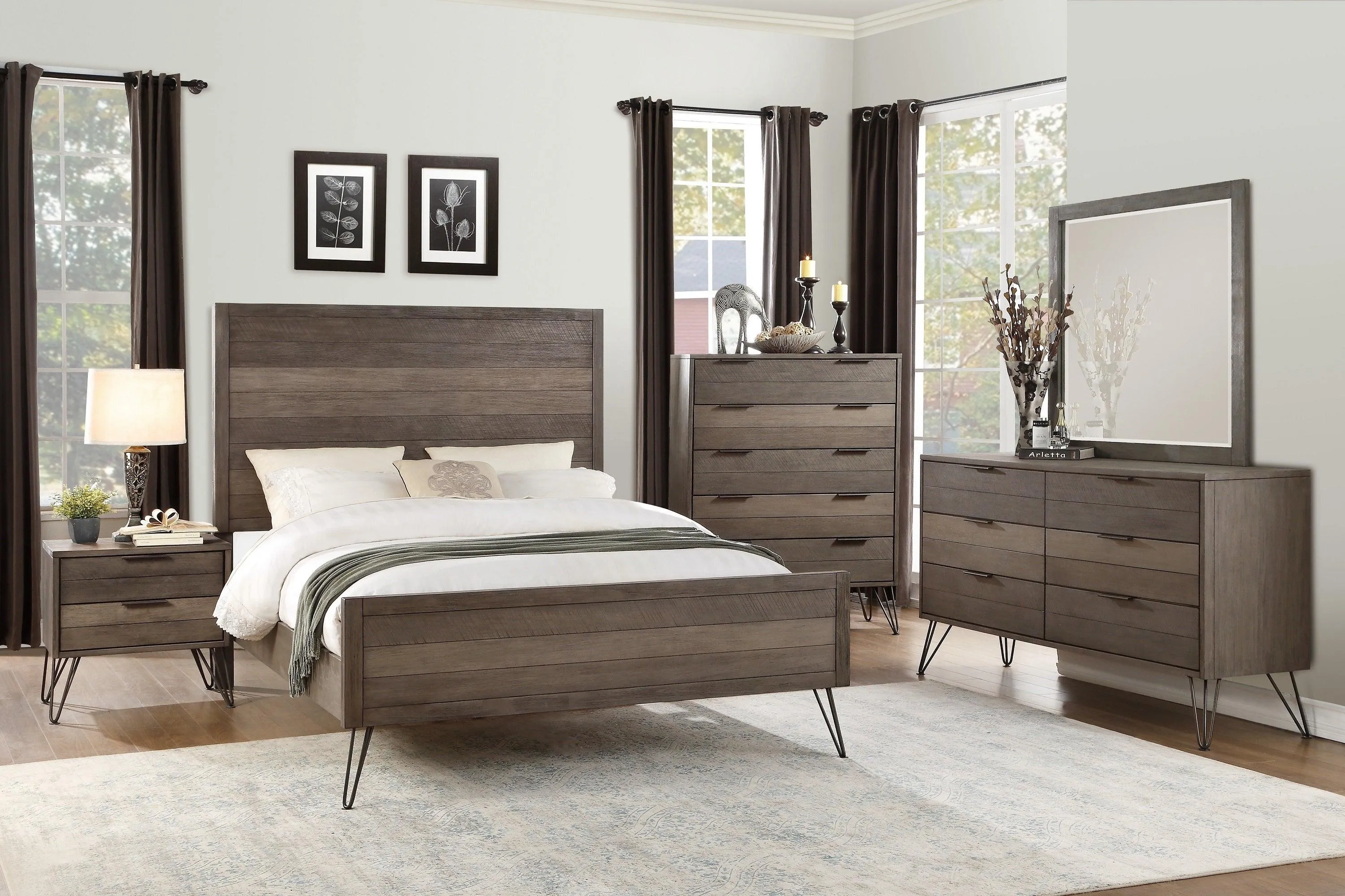 Contemporary Three-Tone Gray Chest of Drawers with Metal Legs and Acacia Veneer