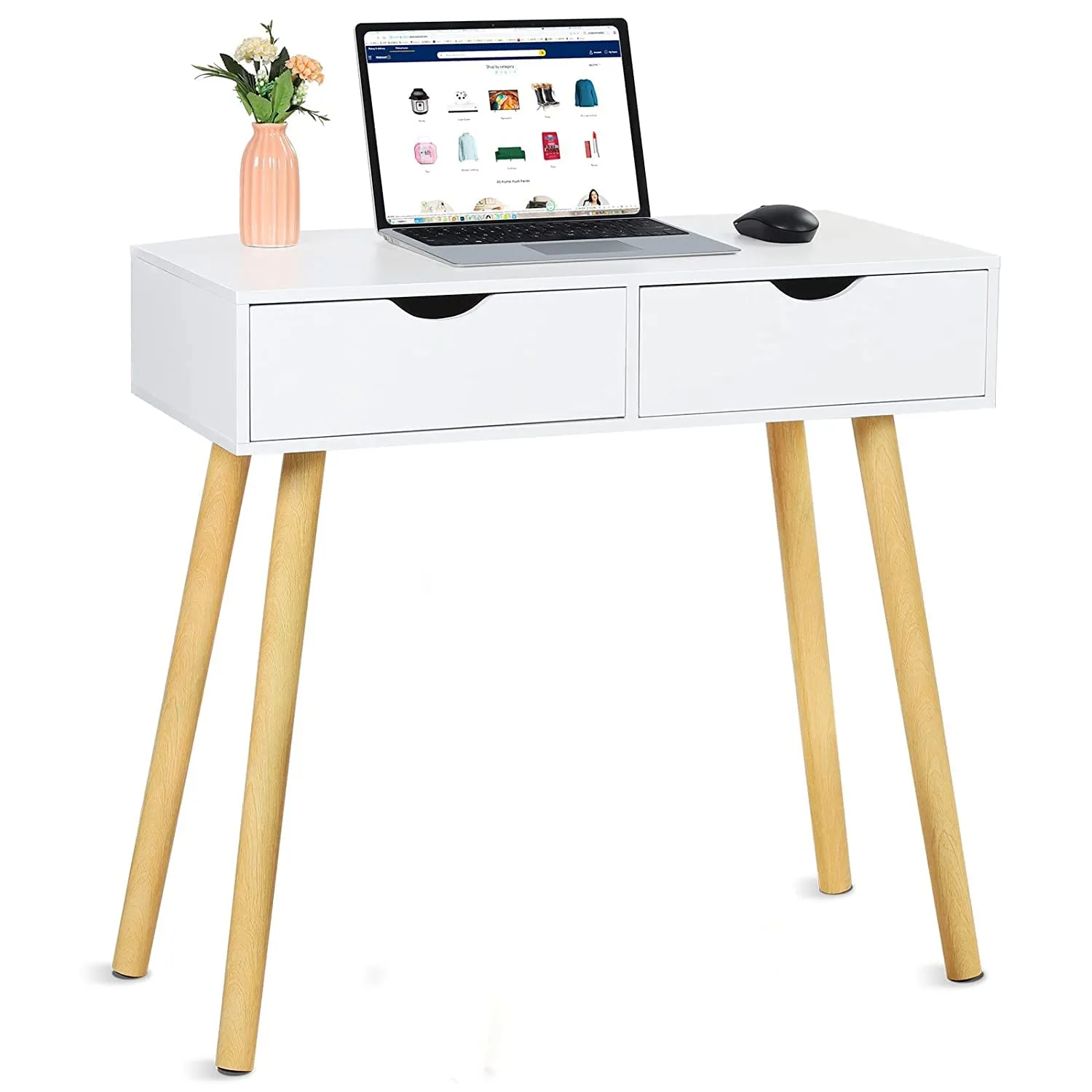 Dime Arts Shoppee Engineered Wood Desk with 2 Drawers for, Computer Desk with Storage Shelves, Makeup Vanity Desk, Modern Writing Study Table Home Office Desks for Bedroom (White)