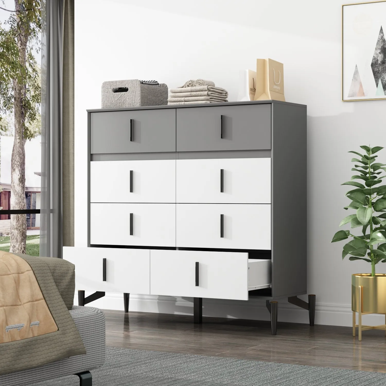 Double Dresser with 8 Drawers Modern Cabinet Chest with Large Storage and Wide Metal Legs for Bedroom