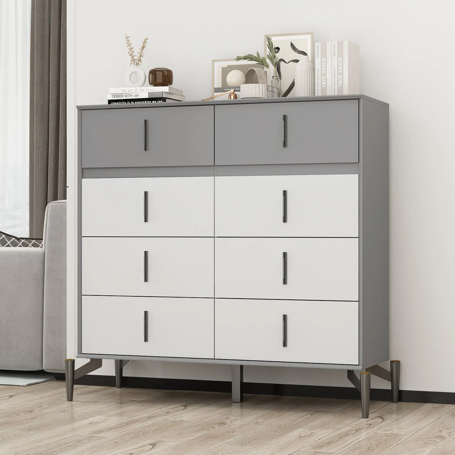 Double Dresser with 8 Drawers Modern Cabinet Chest with Large Storage and Wide Metal Legs for Bedroom