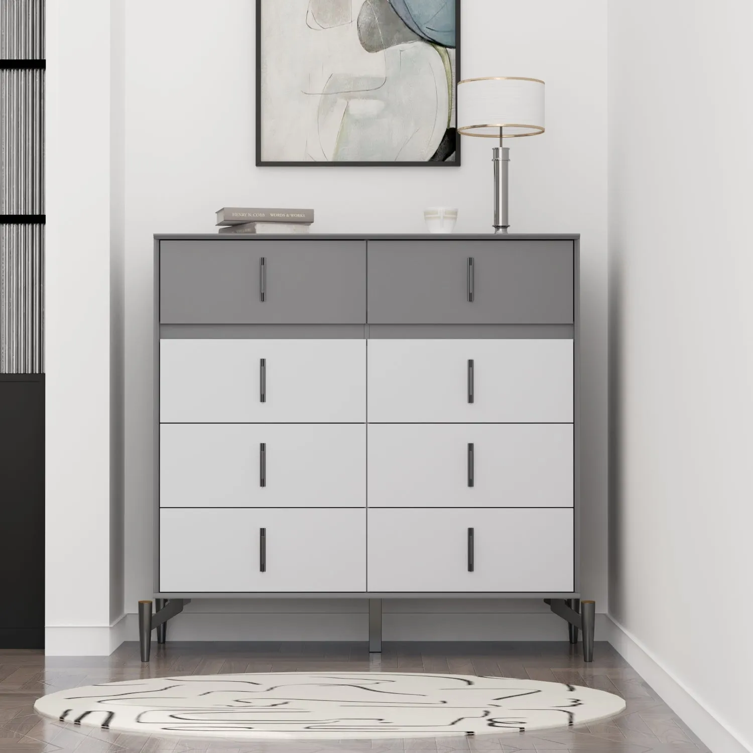 Double Dresser with 8 Drawers Modern Cabinet Chest with Large Storage and Wide Metal Legs for Bedroom