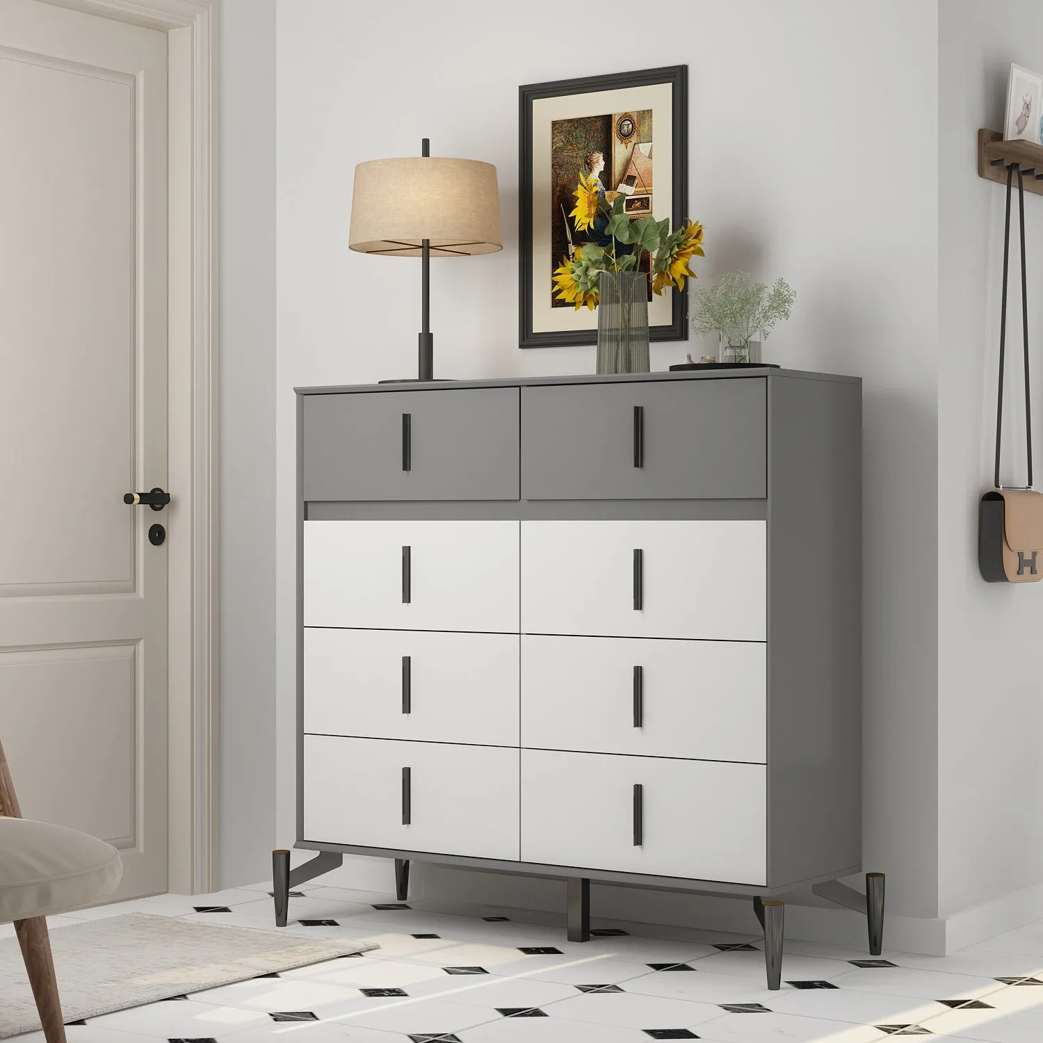 Double Dresser with 8 Drawers Modern Cabinet Chest with Large Storage and Wide Metal Legs for Bedroom