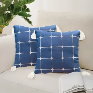 Embroidered Cotton Cushion Cover, for Sofa, Bedroom, Living Room - Set of 2 - Aura Checks Indigo