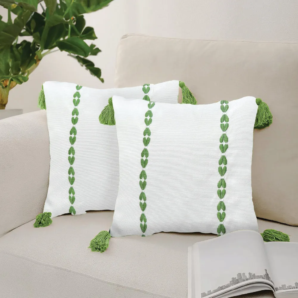 Embroidered Cotton Cushion Cover, for Sofa, Bedroom, Living Room - Set of 2 - Vintage Braid Sage Green