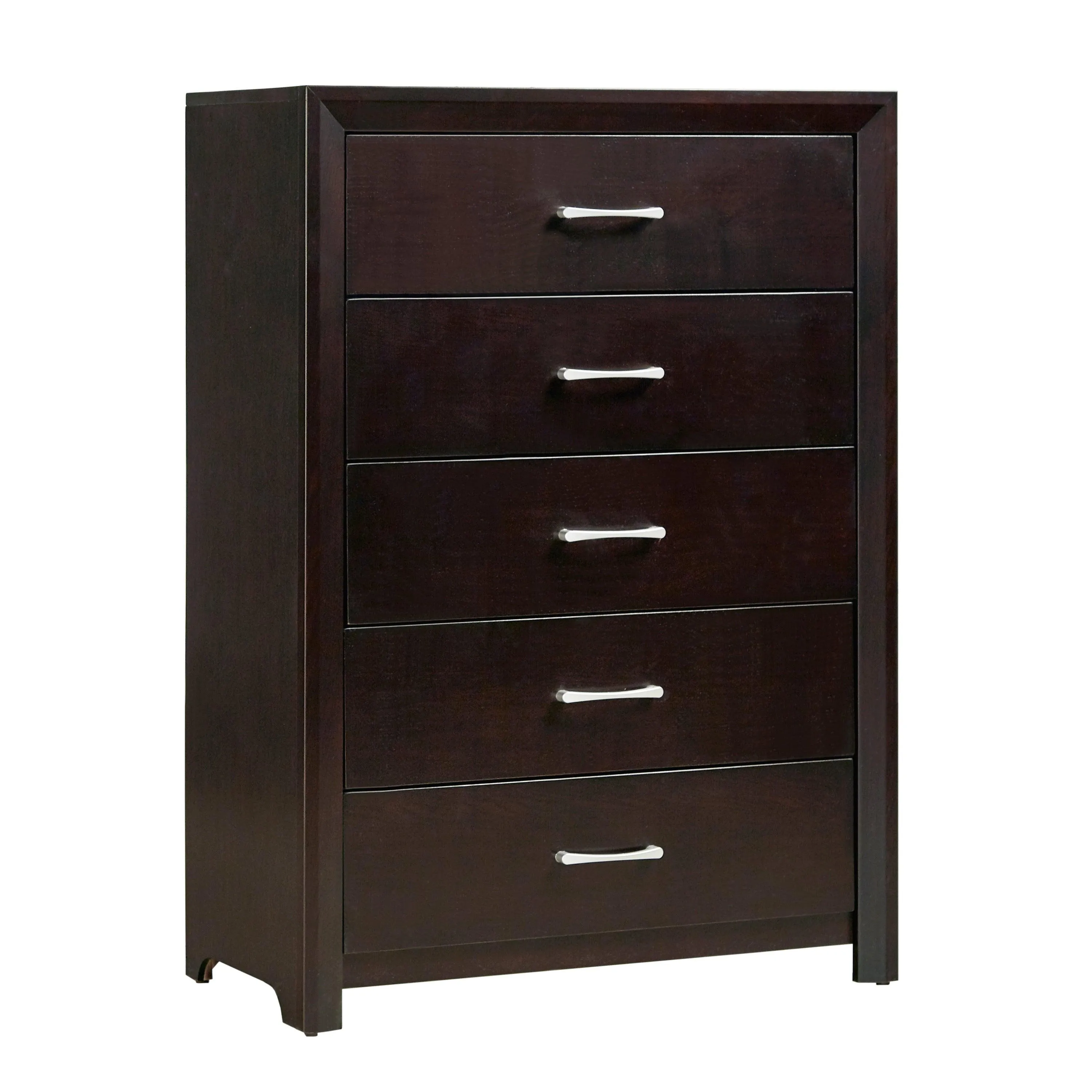 Espresso 5-Drawer Chest, Contemporary Design with Silver Tone Bar Pulls for Bedroom.