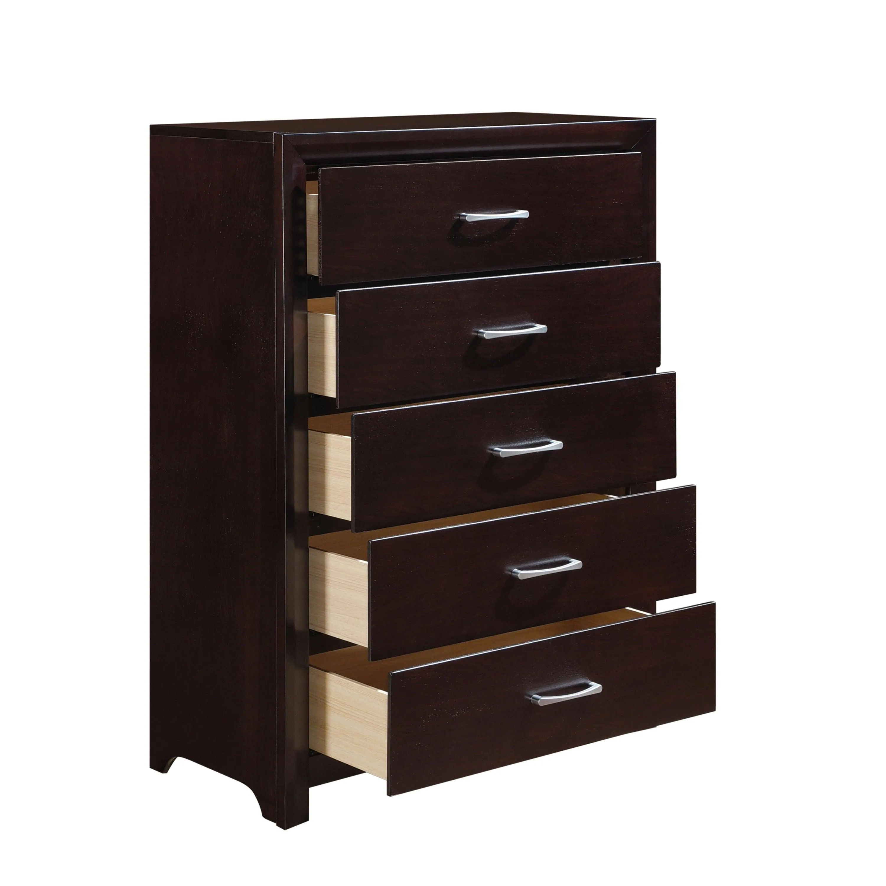 Espresso 5-Drawer Chest, Contemporary Design with Silver Tone Bar Pulls for Bedroom.