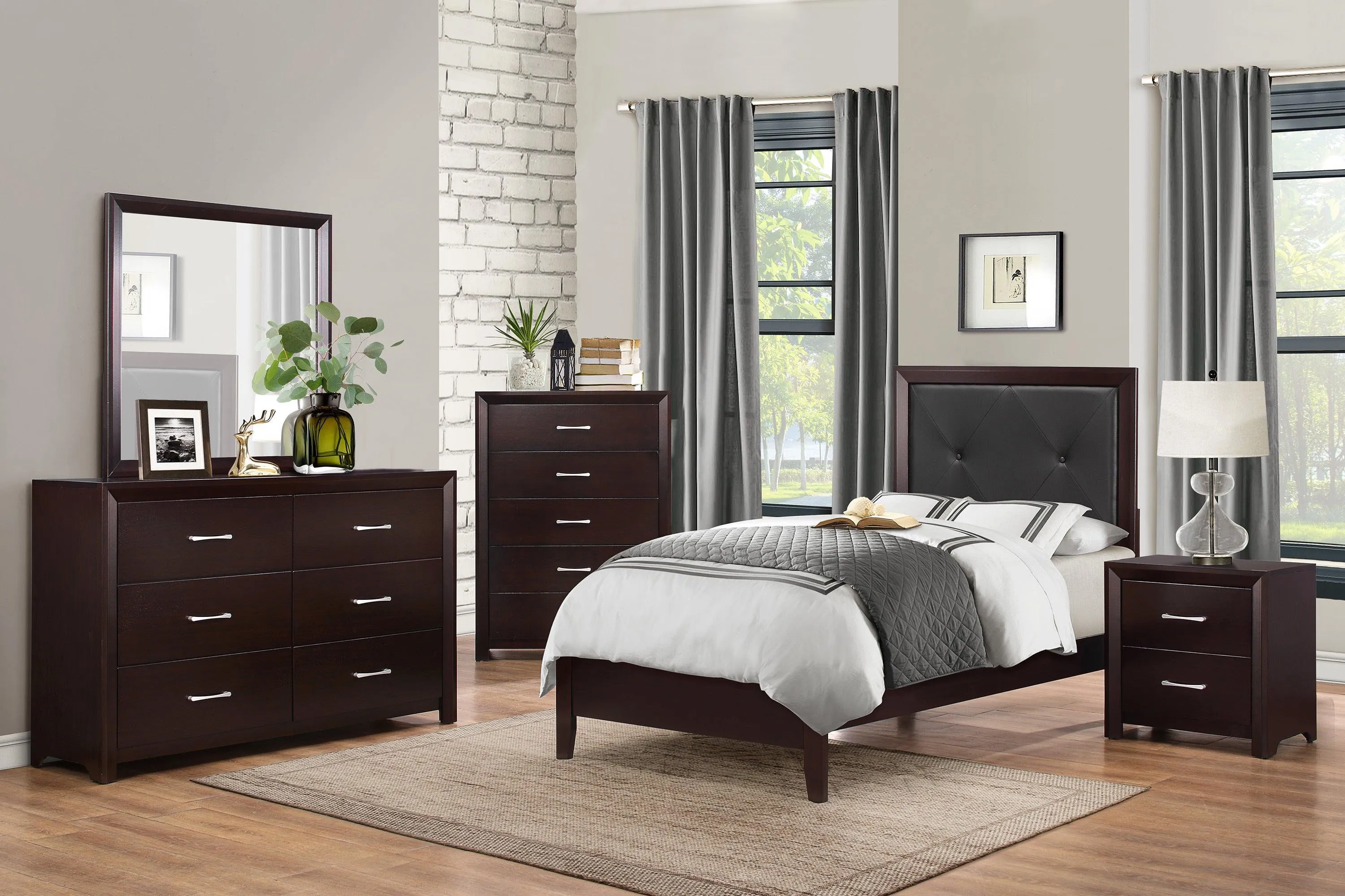 Espresso 5-Drawer Chest, Contemporary Design with Silver Tone Bar Pulls for Bedroom.