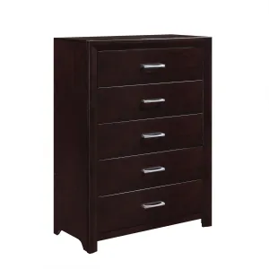 Espresso 5-Drawer Chest, Contemporary Design with Silver Tone Bar Pulls for Bedroom.