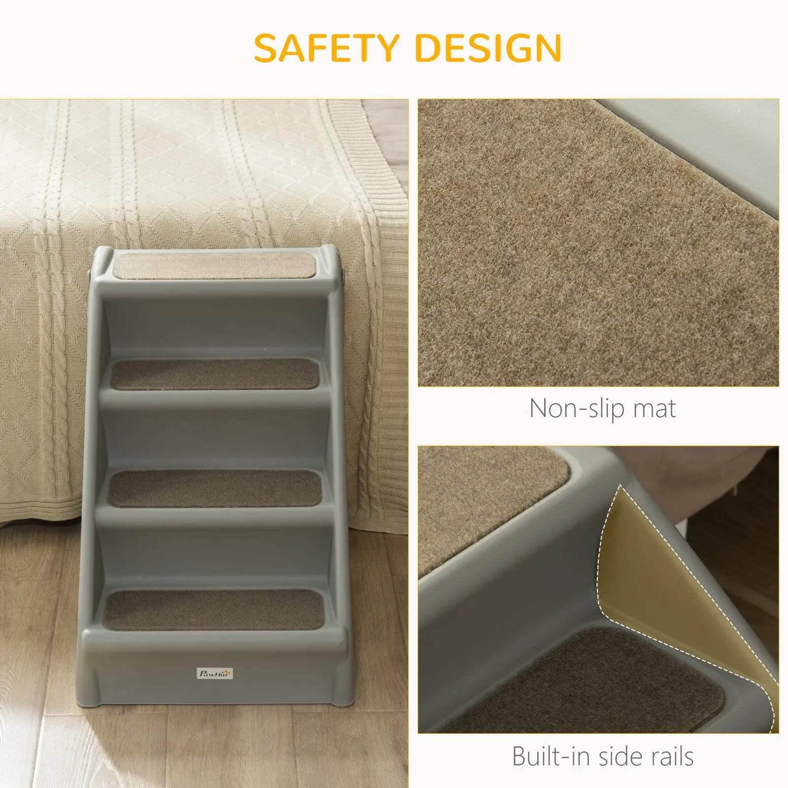 Foldable Pet Stairs Portable Dog Steps for Sofa, Bed, Four-Step Design for Cats, Small Dogs w/ Non-Slip Mats - Grey, 62 x 38 x 49.5cm