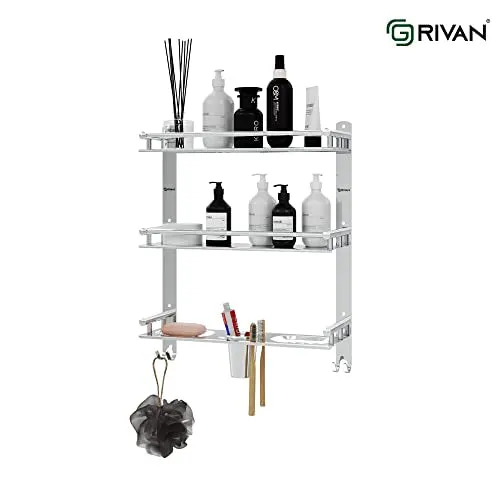 GRIVAN Stainless Steel 3 Layer/3 Tier Multipurpose Bathroom Shelf/Rack/Organizer/Stand/Holder with Double Soap Dish and Toothbrush Holder Tumbler Bathroom Accessories