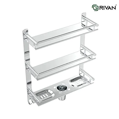 GRIVAN Stainless Steel 3 Layer/3 Tier Multipurpose Bathroom Shelf/Rack/Organizer/Stand/Holder with Double Soap Dish and Toothbrush Holder Tumbler Bathroom Accessories