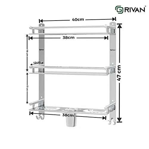 GRIVAN Stainless Steel 3 Layer/3 Tier Multipurpose Bathroom Shelf/Rack/Organizer/Stand/Holder with Double Soap Dish and Toothbrush Holder Tumbler Bathroom Accessories