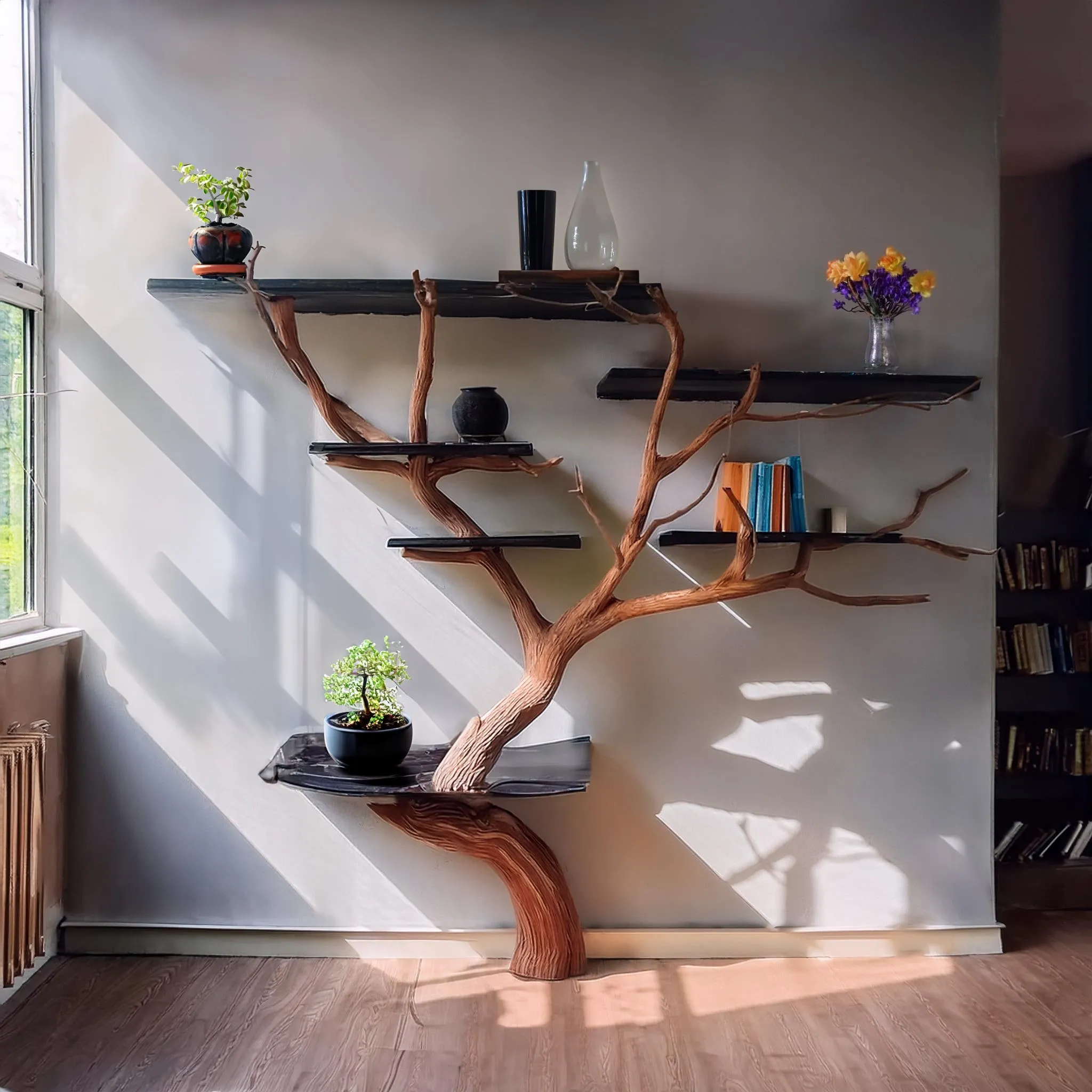 Handmade Tree Branch Bookcase Shelves