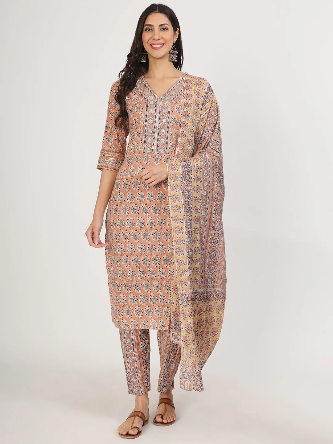 Jashvi Brown Embroidered Cotton Kurta pants with Dupatta set