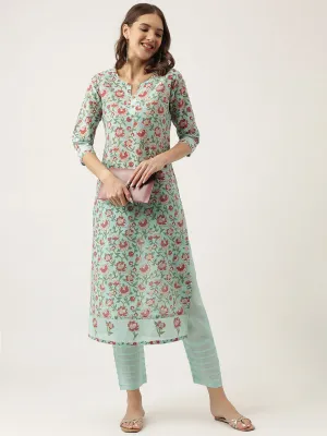 Jashvi Green Chanderi Floral Printed Kurta with Pant Set